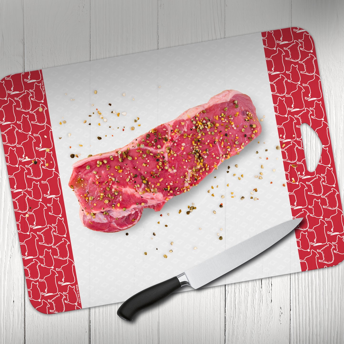 Cut N' Funnel Non-Slip Flexible Plastic Cutting Board Mat 4 Pack, Made in the USA Clear with Brightly Patterned Food Type Borders BPA Free 16" by 12"