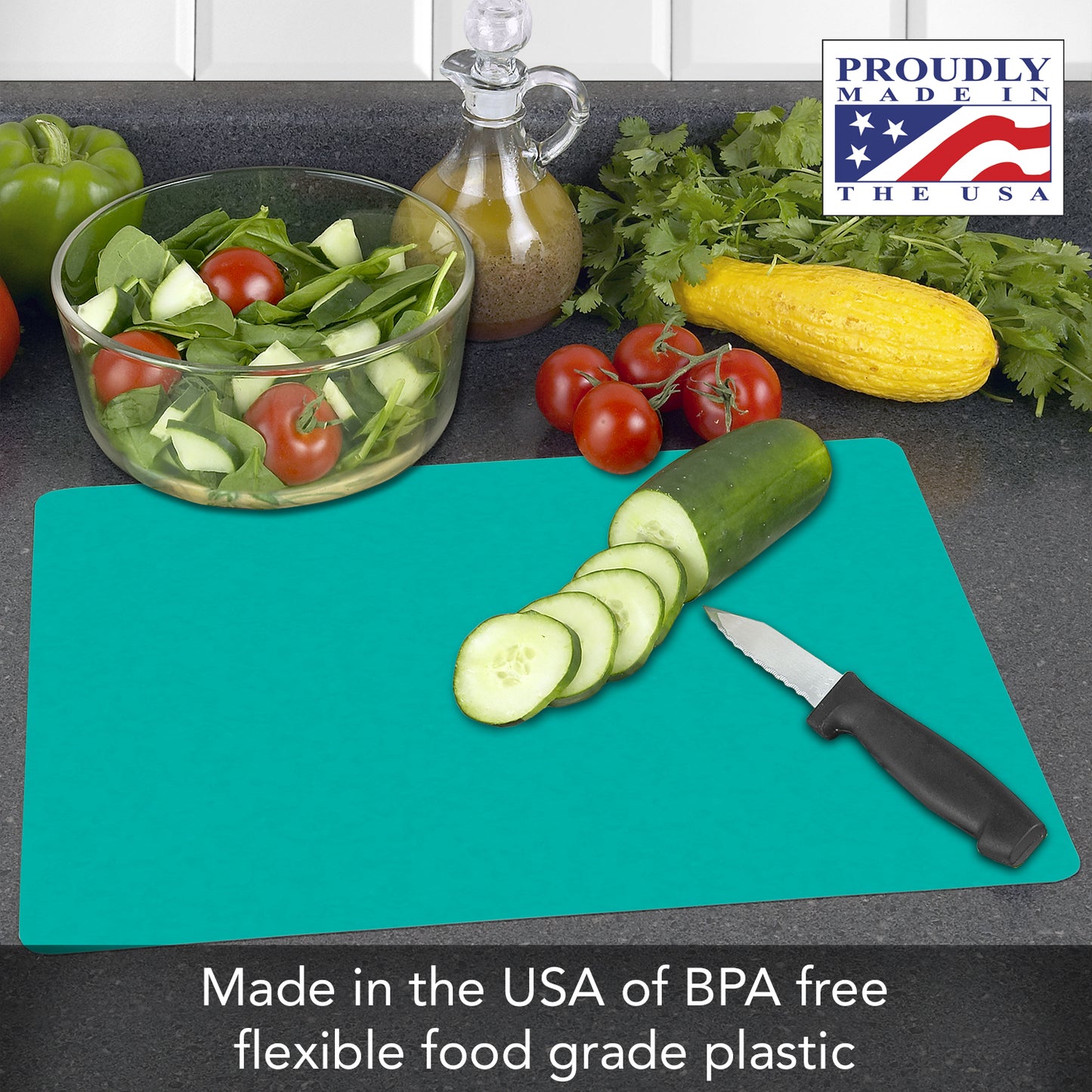Cut N' Funnel Flexible Cutting Board Mats Set of 4, Assorted Color Coded, Made in the USA of BPA Free Food Grade Plastic, 11.5” x 15”