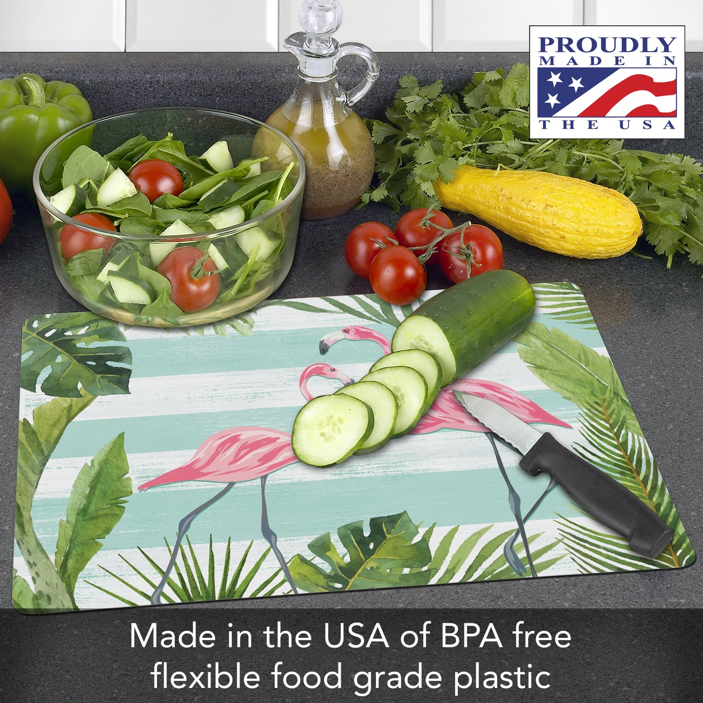 Cut N' Funnel Flamingos & Stripes Designer Flexible Plastic Cutting Board Mat, 15" x 11.5", Made in the USA, Decorative, Flexible, Easy to Clean