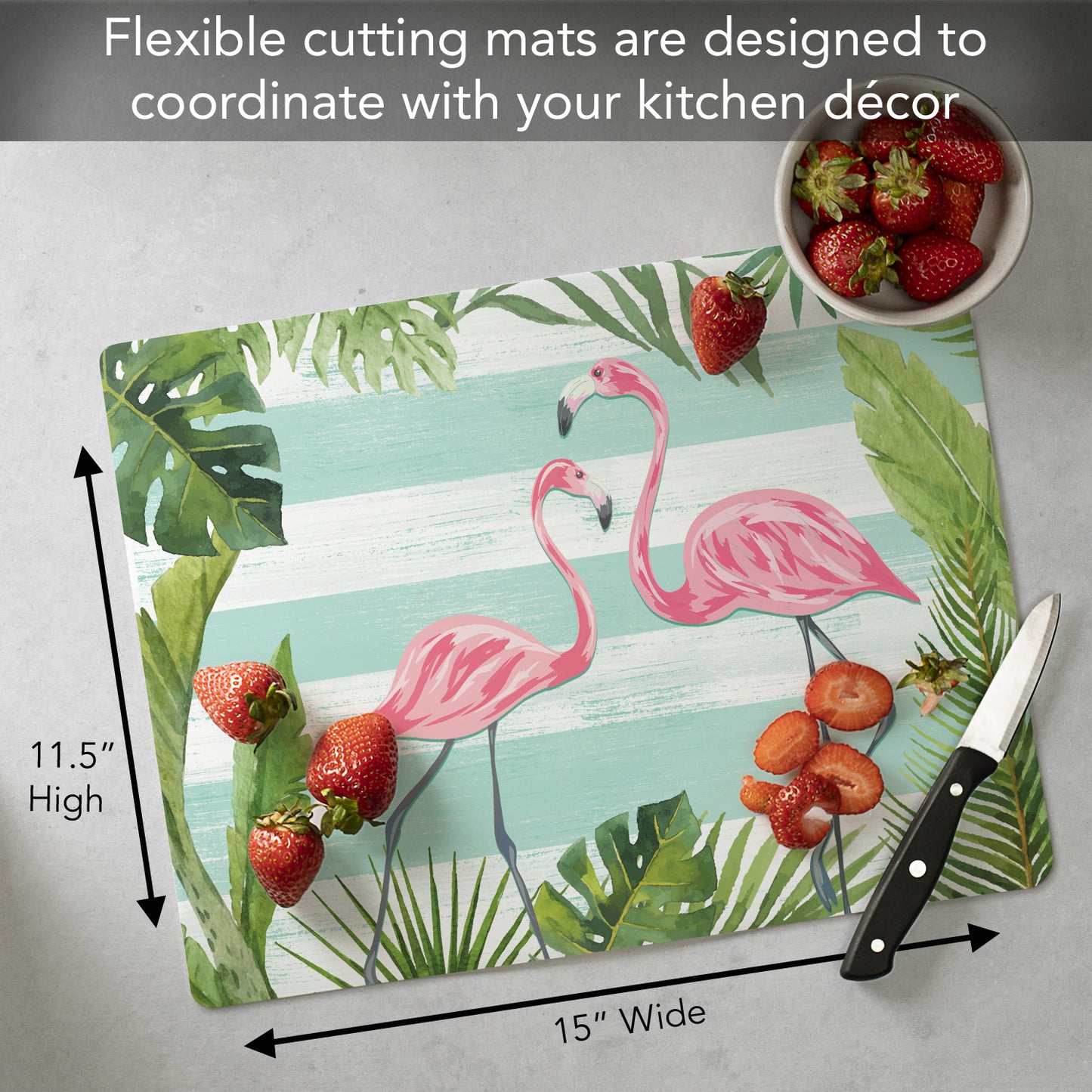 Cut N' Funnel Flamingos & Stripes Designer Flexible Plastic Cutting Board Mat, 15" x 11.5", Made in the USA, Decorative, Flexible, Easy to Clean