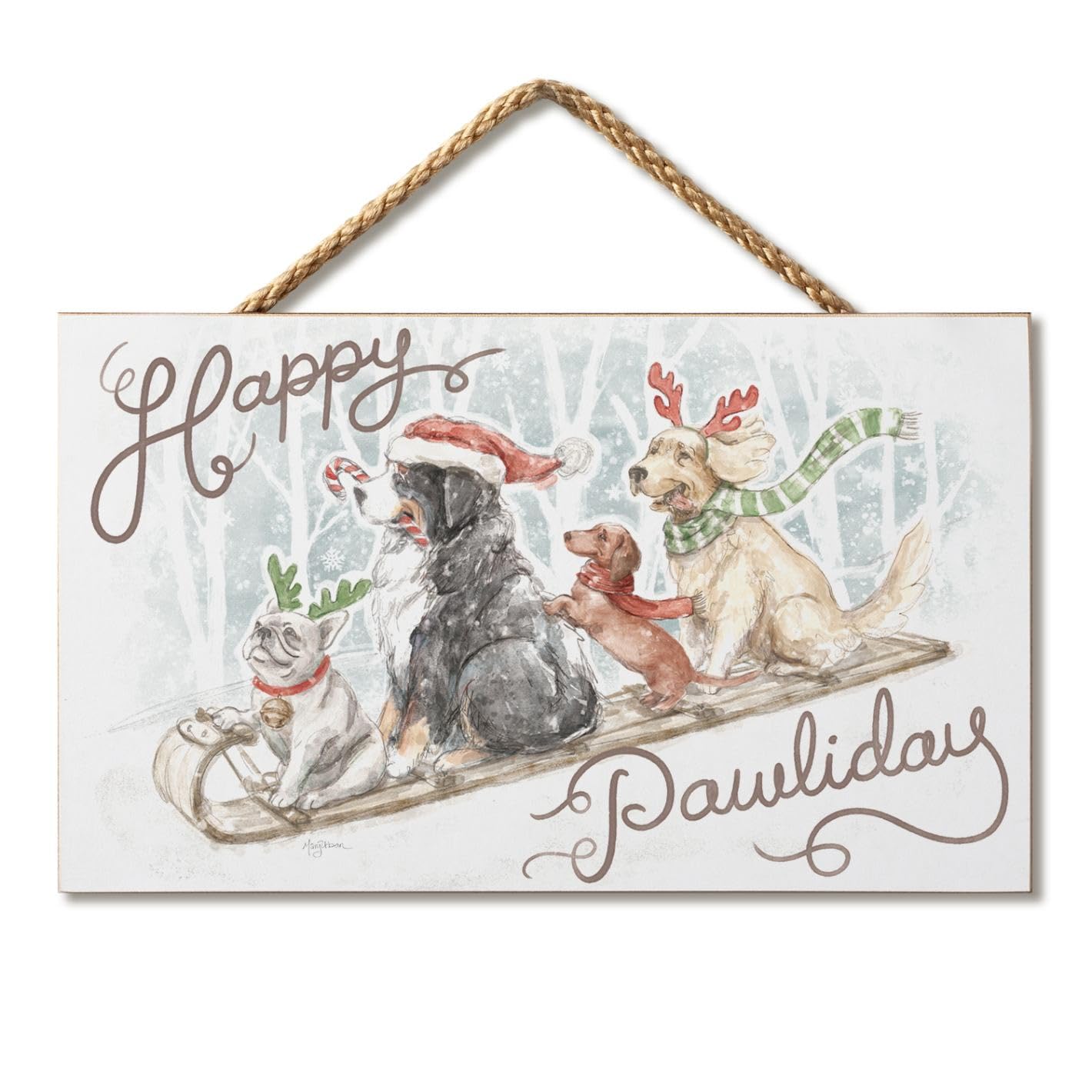 CounterArt Happy Pawliday Decorative Hanging Wood Sign 9.5” by 5.75” Made in the USA Features Braided Rope Hanger