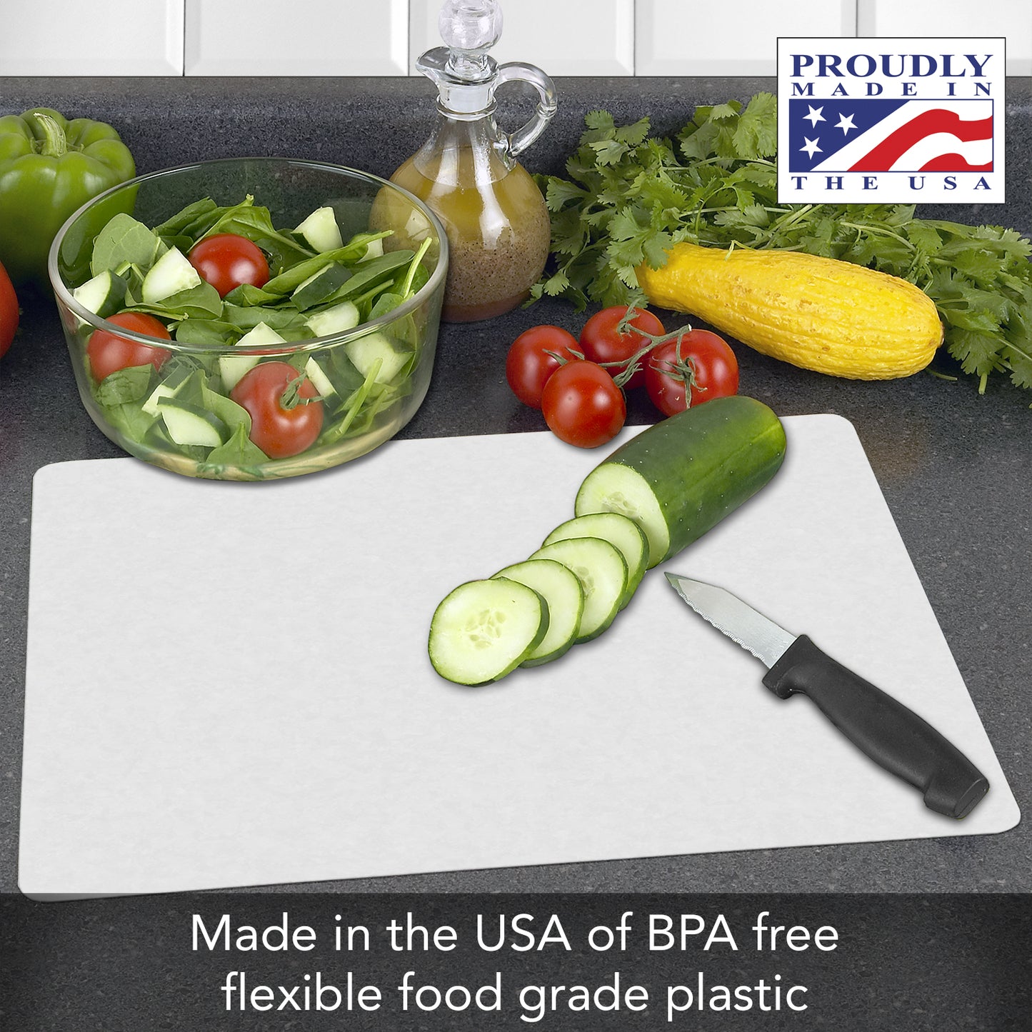 Cut N' Funnel Flexible Cutting Board Mats Set of 2, Clear Frosted, Made in the USA of BPA Free Food Grade Plastic, 11.5” x 15”