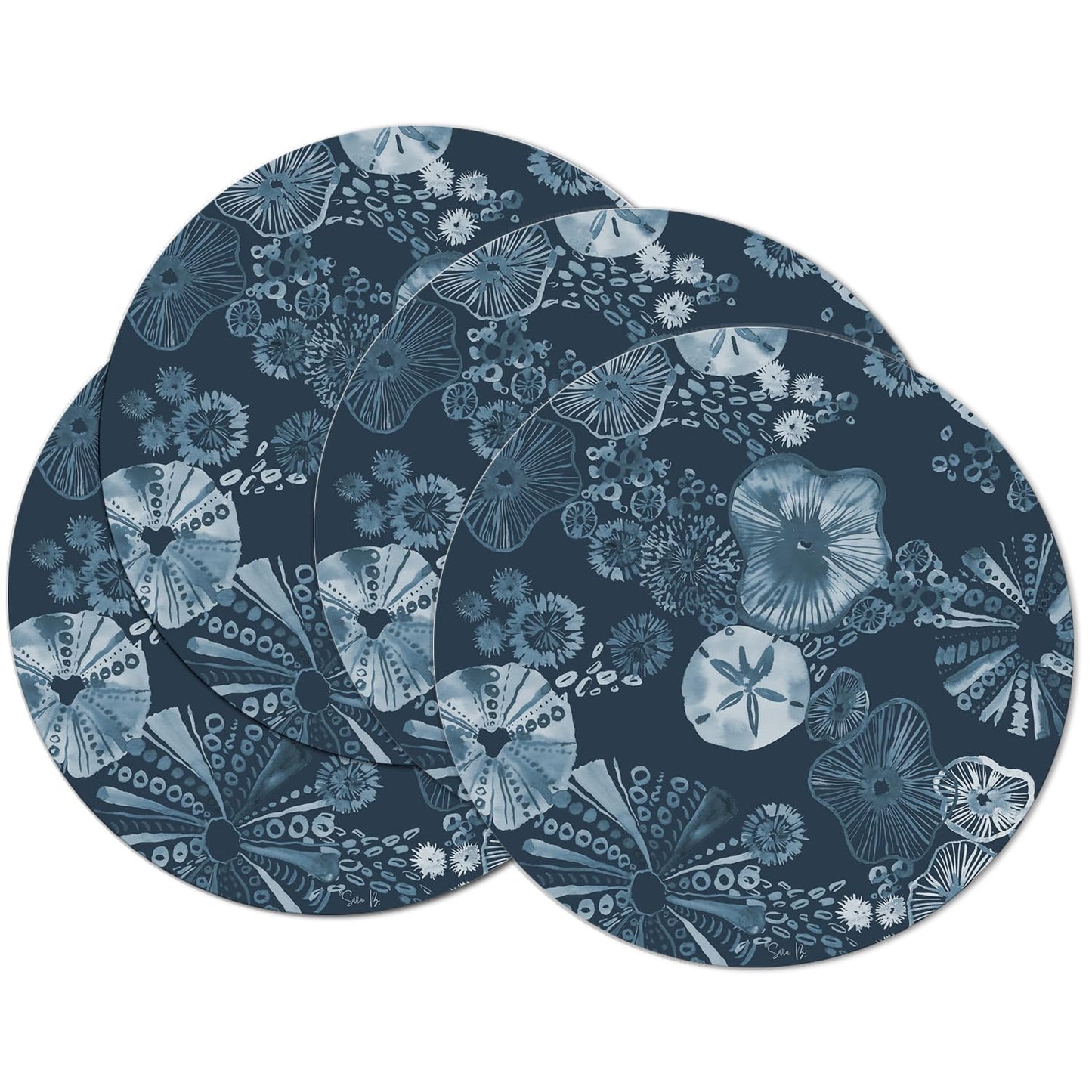 CounterArt Tidal Shells 4 Pack Round Reversible Easy Care Flexible Placemats Made in the USA