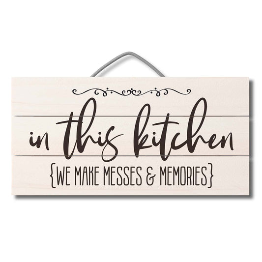 Messes & Memories Decorative Pallet Wood Kitchen Sign 12" x 6" Made in the USA Wire Hanger Doubles as an Easel