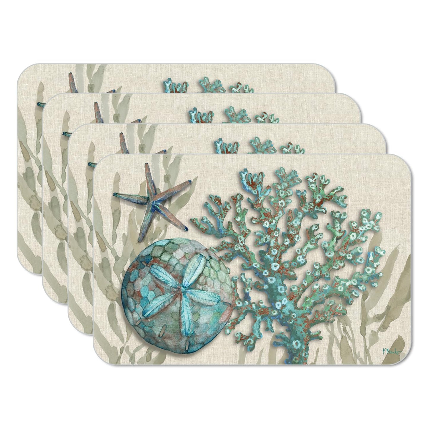 CounterArt Beach Shells 4 Pack Reversible Easy Care Flexible Placemats Made in the USA