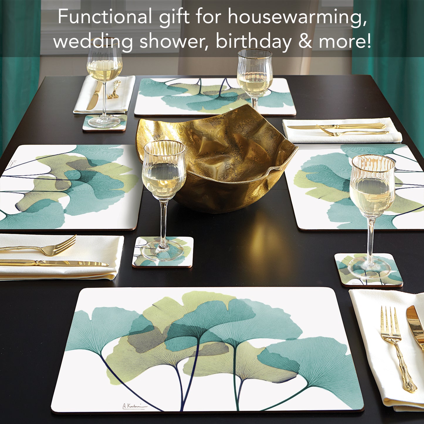 CounterArt Gingko Premium Decorative Hardboard Tabletop Placemats 4-Pack Manufactured in The USA Heat Tolerant and Easily Wipes Clean