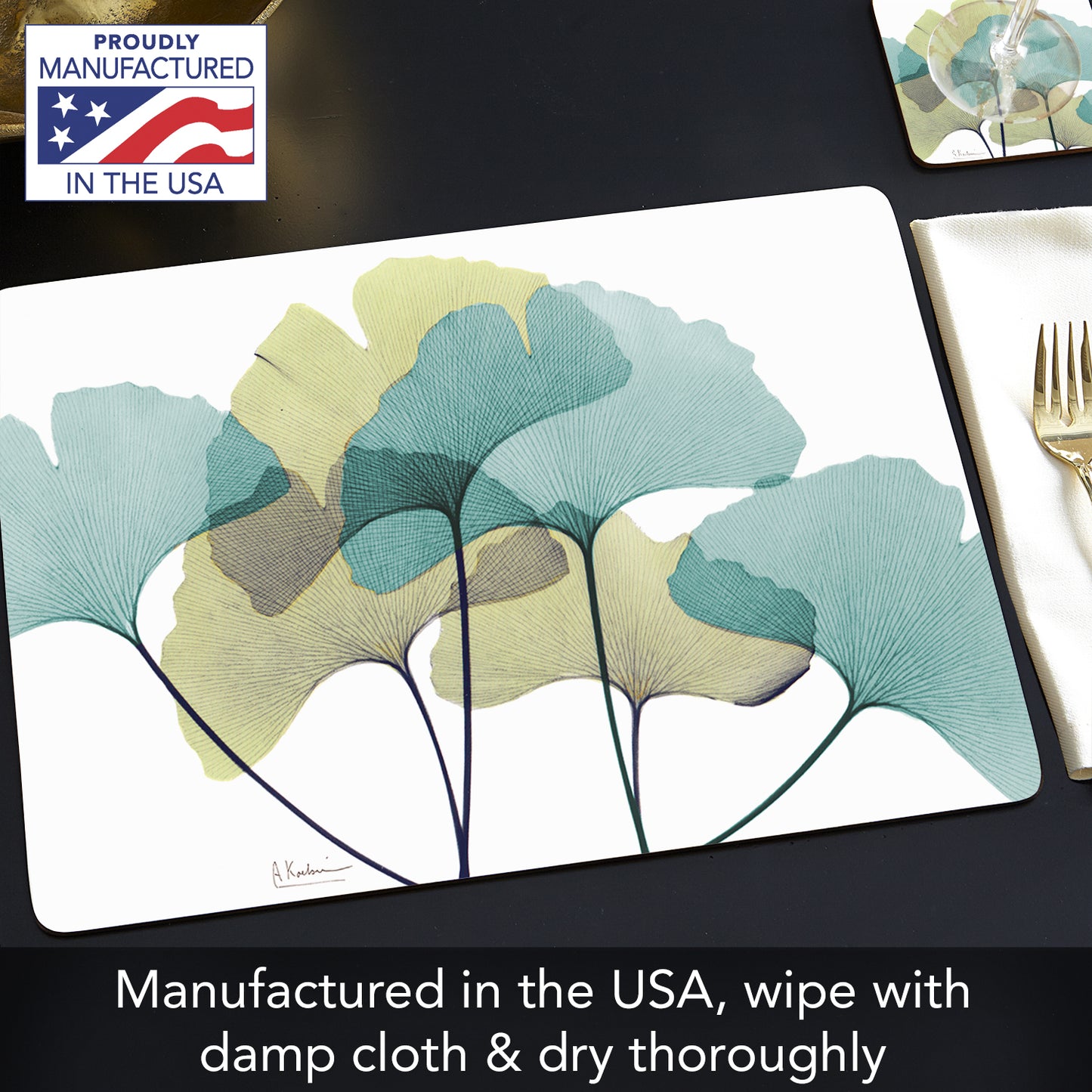 CounterArt Gingko Premium Decorative Hardboard Tabletop Placemats 4-Pack Manufactured in The USA Heat Tolerant and Easily Wipes Clean