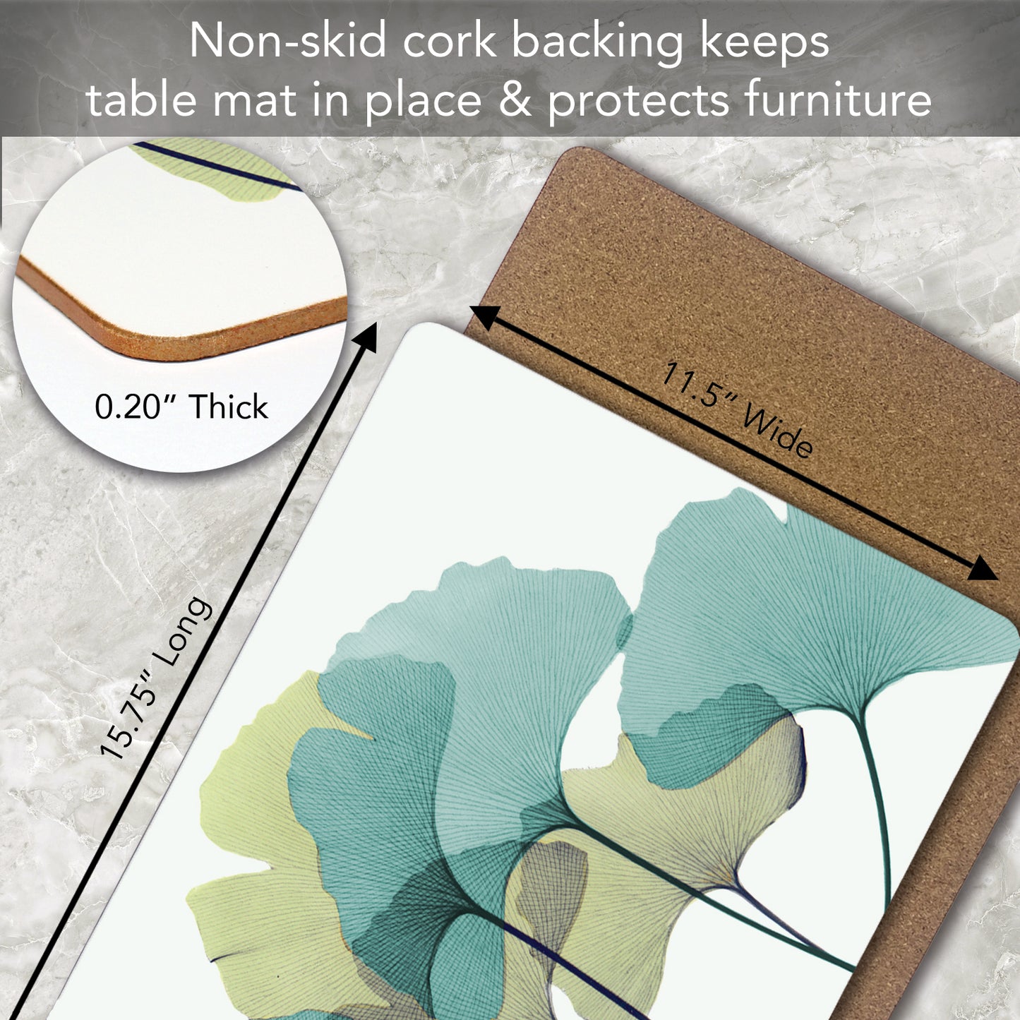 CounterArt Gingko Premium Decorative Hardboard Tabletop Placemats 4-Pack Manufactured in The USA Heat Tolerant and Easily Wipes Clean