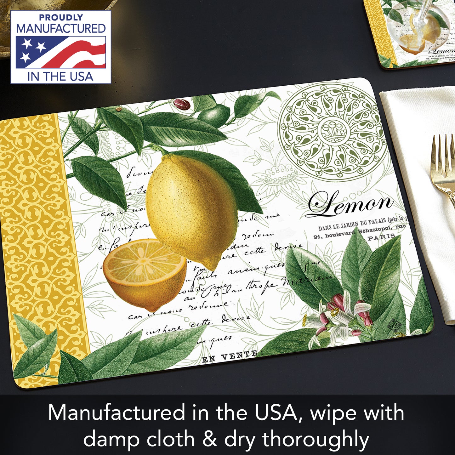Cala Home Citron Premium Decorative Hardboard Tabletop Placemats 4-Pack Manufactured in The USA Heat Tolerant and Easily Wipes Clean