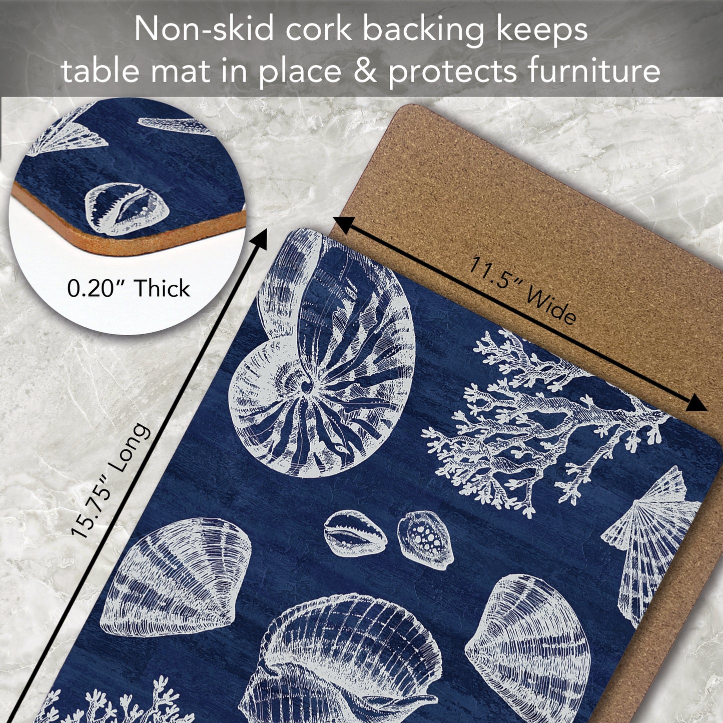 Cala Home St. Tropez Shells Decorative Hardboard Cork Back Tabletop Placemats 4 Pack Manufactured in The USA Heat Tolerant and Easily Wipes Clean
