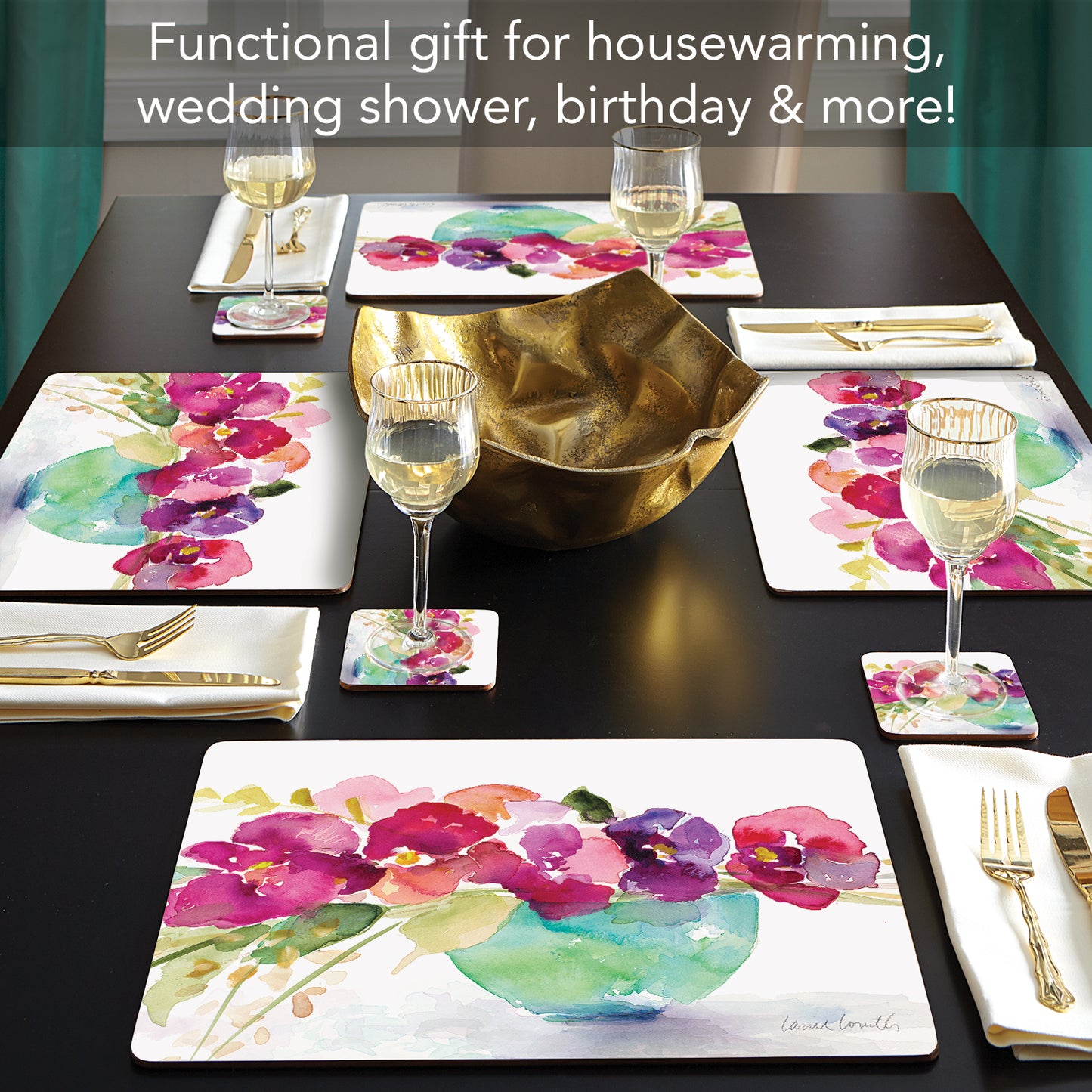 CounterArt Bowl of Blooms Premium Decorative Hardboard Tabletop Placemats 4-Pack Manufactured in The USA Heat Tolerant and Easily Wipes Clean