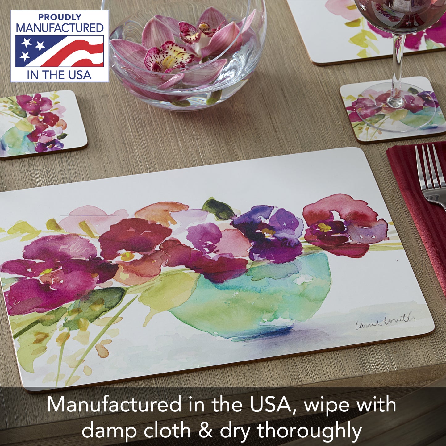 CounterArt Bowl of Blooms Premium Decorative Hardboard Tabletop Placemats 4-Pack Manufactured in The USA Heat Tolerant and Easily Wipes Clean