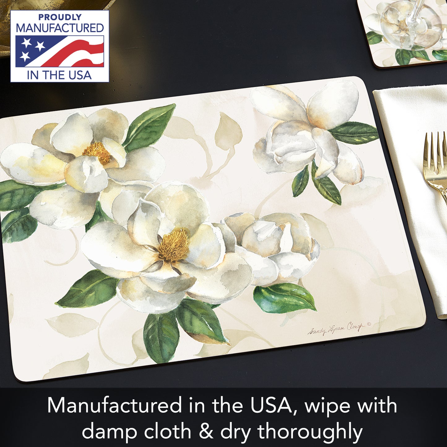 CounterArt Magnolias Premium Decorative Hardboard Tabletop Placemats 4-Pack Manufactured in The USA Heat Tolerant and Easily Wipes Clean