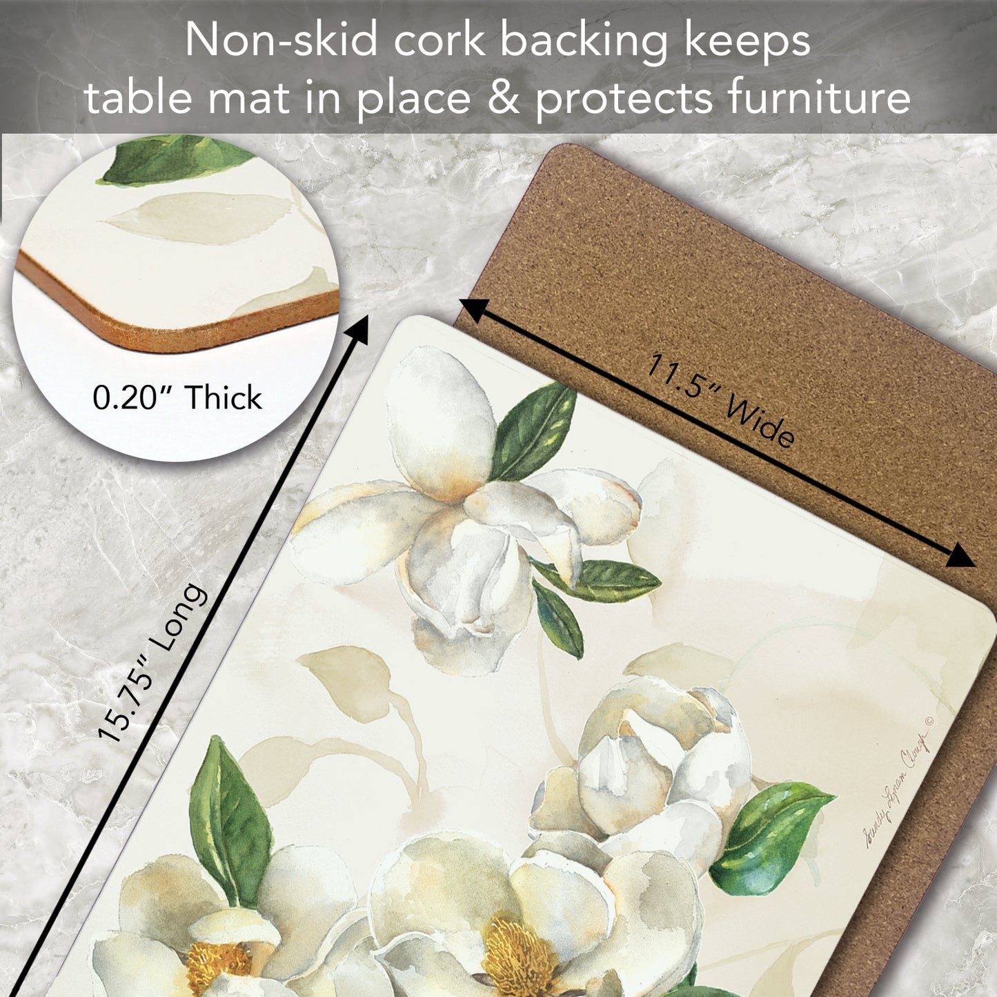 CounterArt Magnolias Premium Decorative Hardboard Tabletop Placemats 4-Pack Manufactured in The USA Heat Tolerant and Easily Wipes Clean