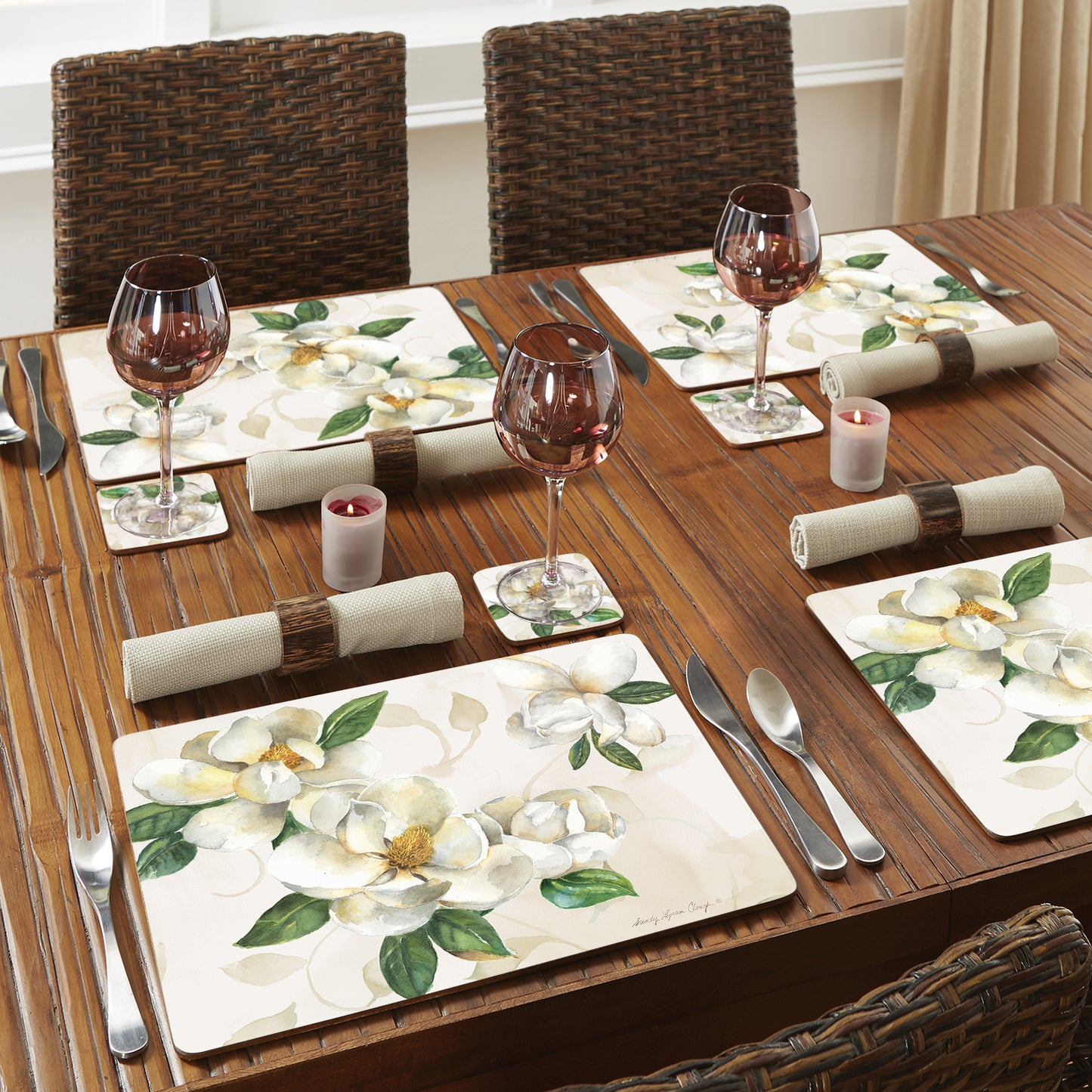 CounterArt Magnolias Premium Decorative Hardboard Tabletop Placemats 4-Pack Manufactured in The USA Heat Tolerant and Easily Wipes Clean