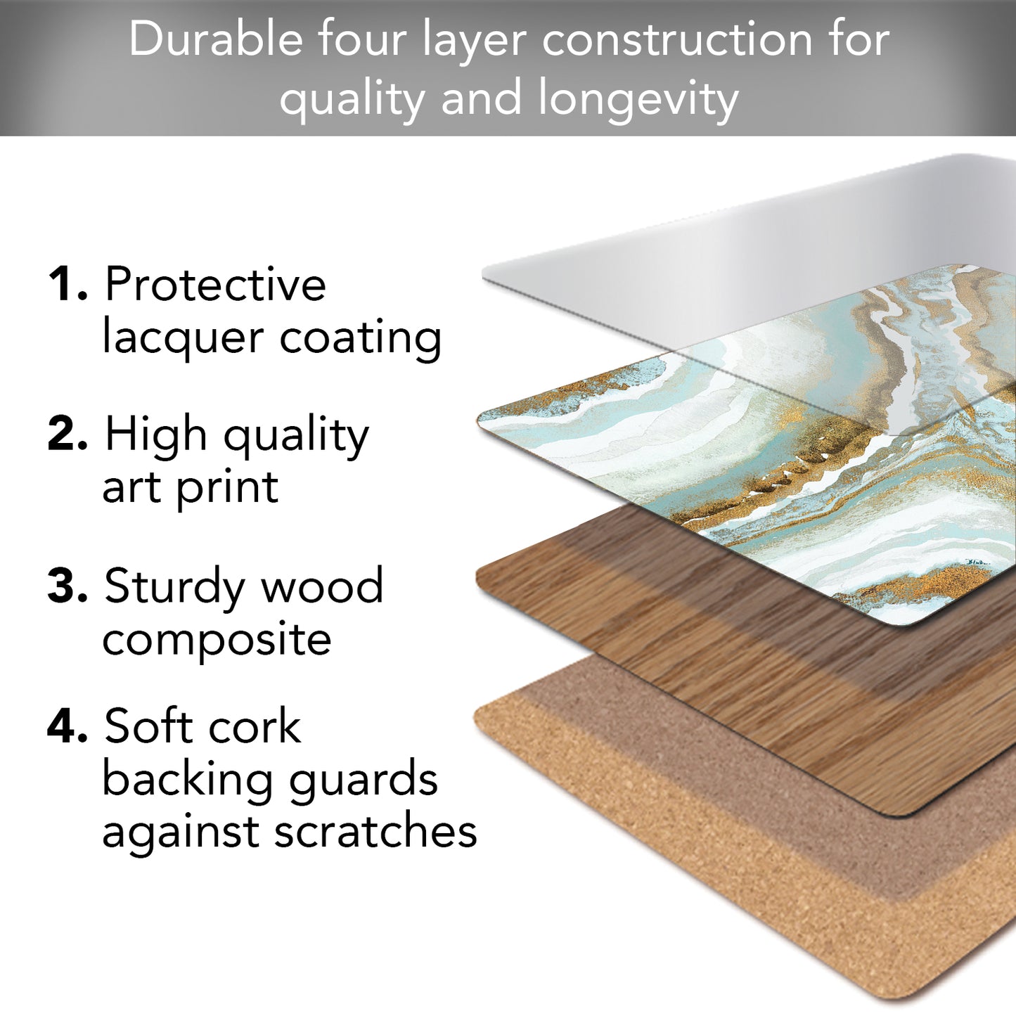 Cala Home Teal Agate Premium Decorative Hardboard Tabletop Placemats 4-Pack Manufactured in The USA Heat Tolerant and Easily Wipes Clean
