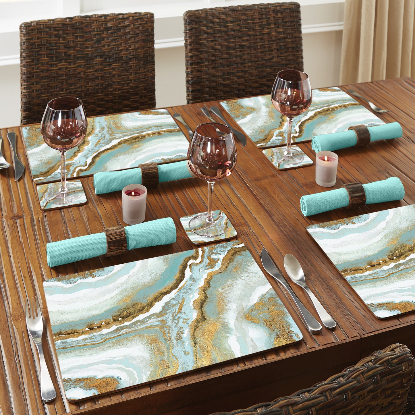 Cala Home Teal Agate Premium Decorative Hardboard Tabletop Placemats 4-Pack Manufactured in The USA Heat Tolerant and Easily Wipes Clean