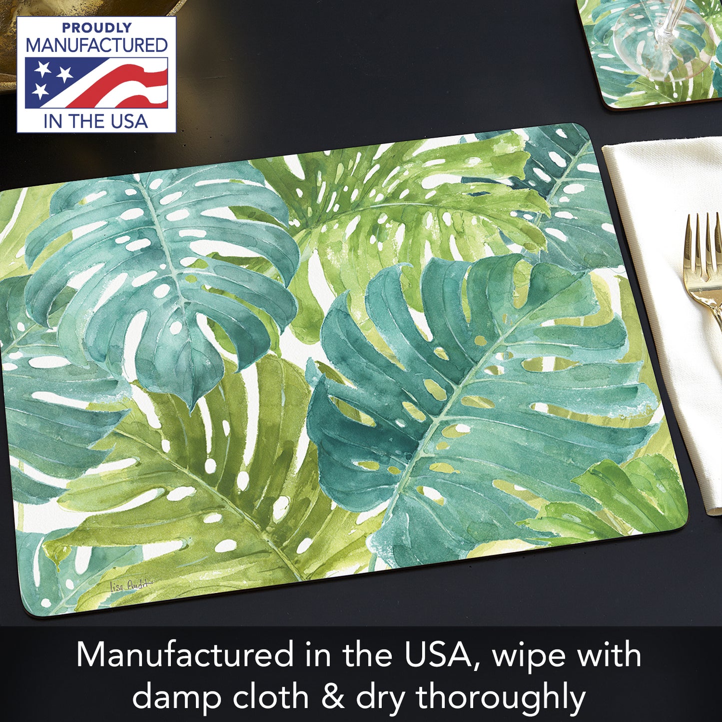 Cala Home Tropical Green Premium Decorative Hardboard Tabletop Placemats 4-Pack Manufactured in The USA Heat Tolerant and Easily Wipes Clean