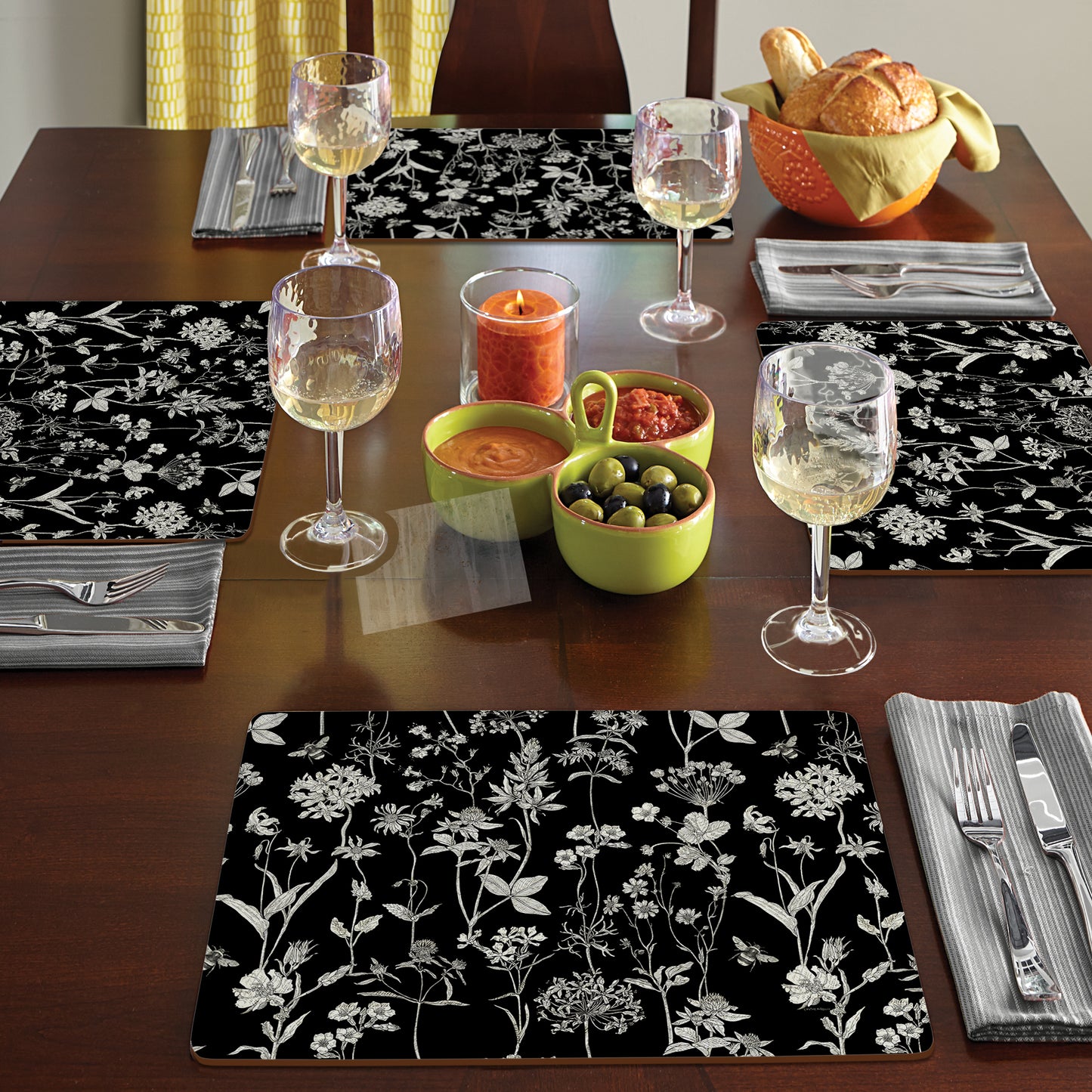 Cala Home Midnight Garden Premium Decorative Hardboard Tabletop Placemats 4-Pack Manufactured in The USA Heat Tolerant and Easily Wipes Clean
