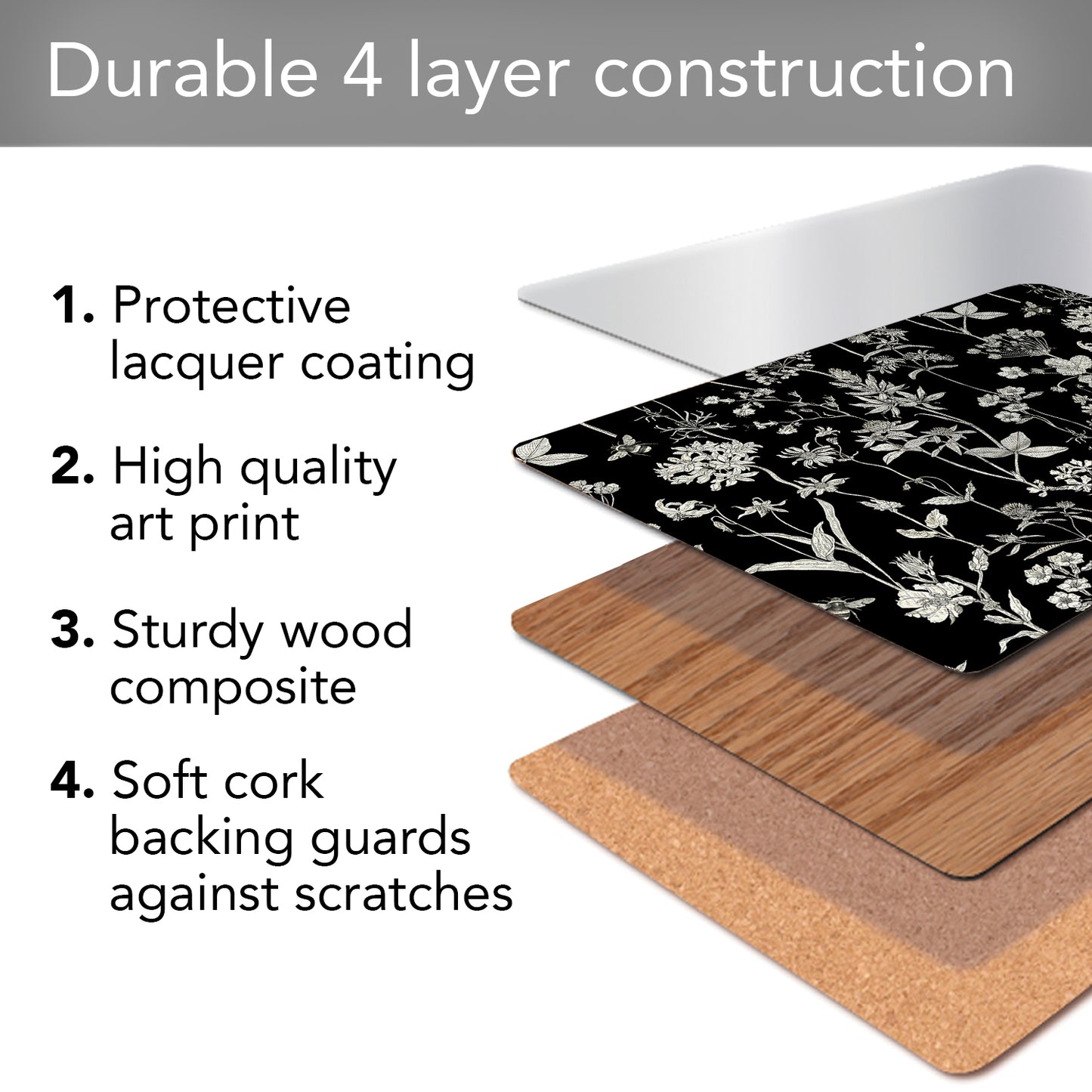 Cala Home Midnight Garden Premium Decorative Hardboard Tabletop Placemats 4-Pack Manufactured in The USA Heat Tolerant and Easily Wipes Clean