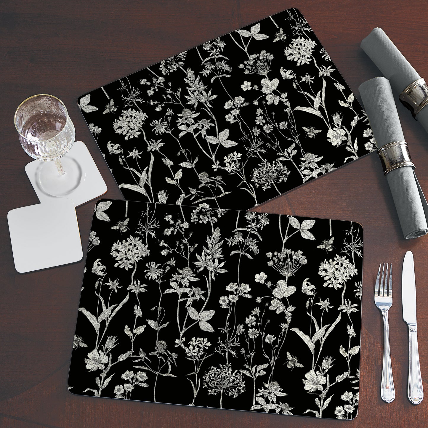 Cala Home Midnight Garden Premium Decorative Hardboard Tabletop Placemats 4-Pack Manufactured in The USA Heat Tolerant and Easily Wipes Clean