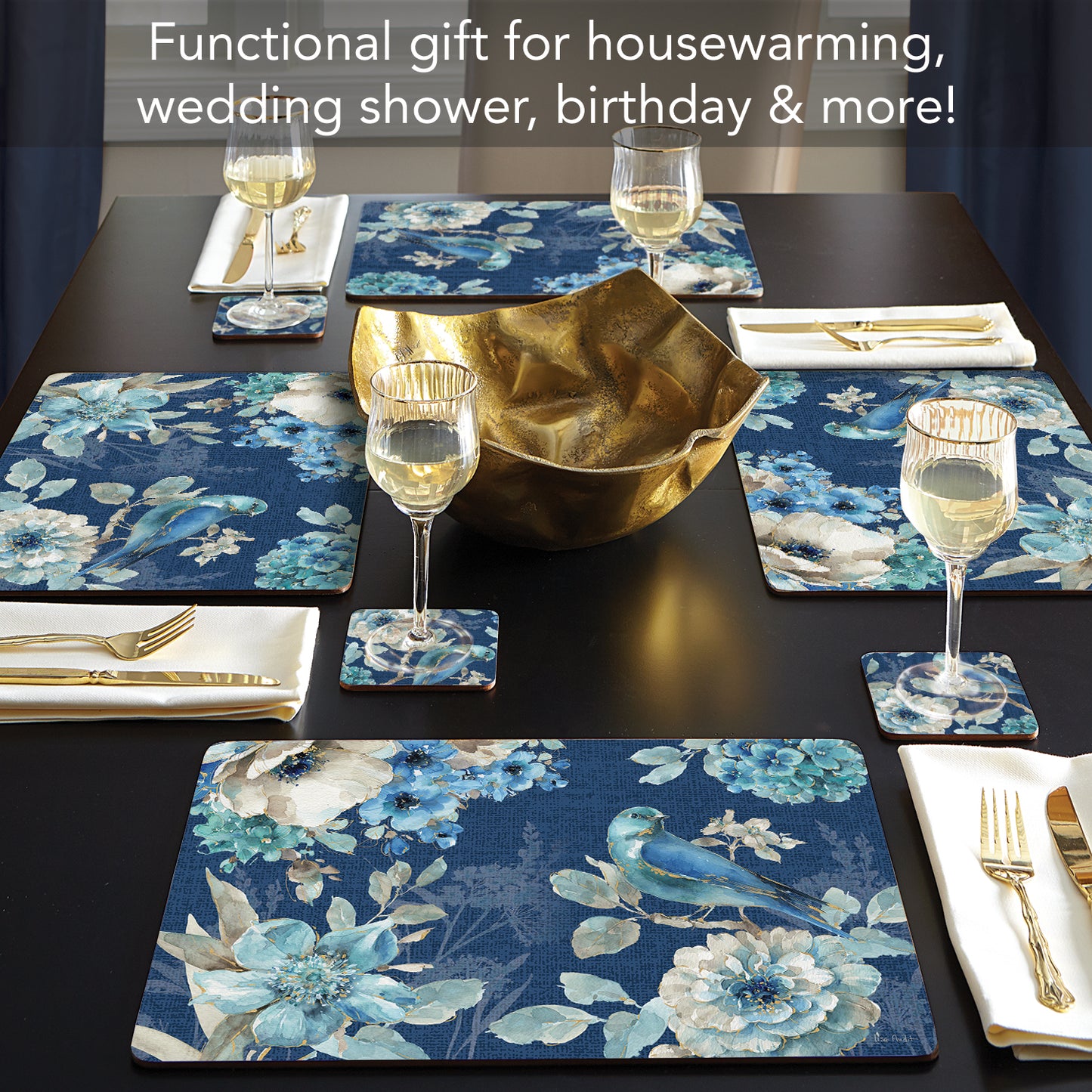 Cala Home Indigold Floral Premium Decorative Hardboard Tabletop Placemats 4-Pack Manufactured in The USA Heat Tolerant and Easily Wipes Clean