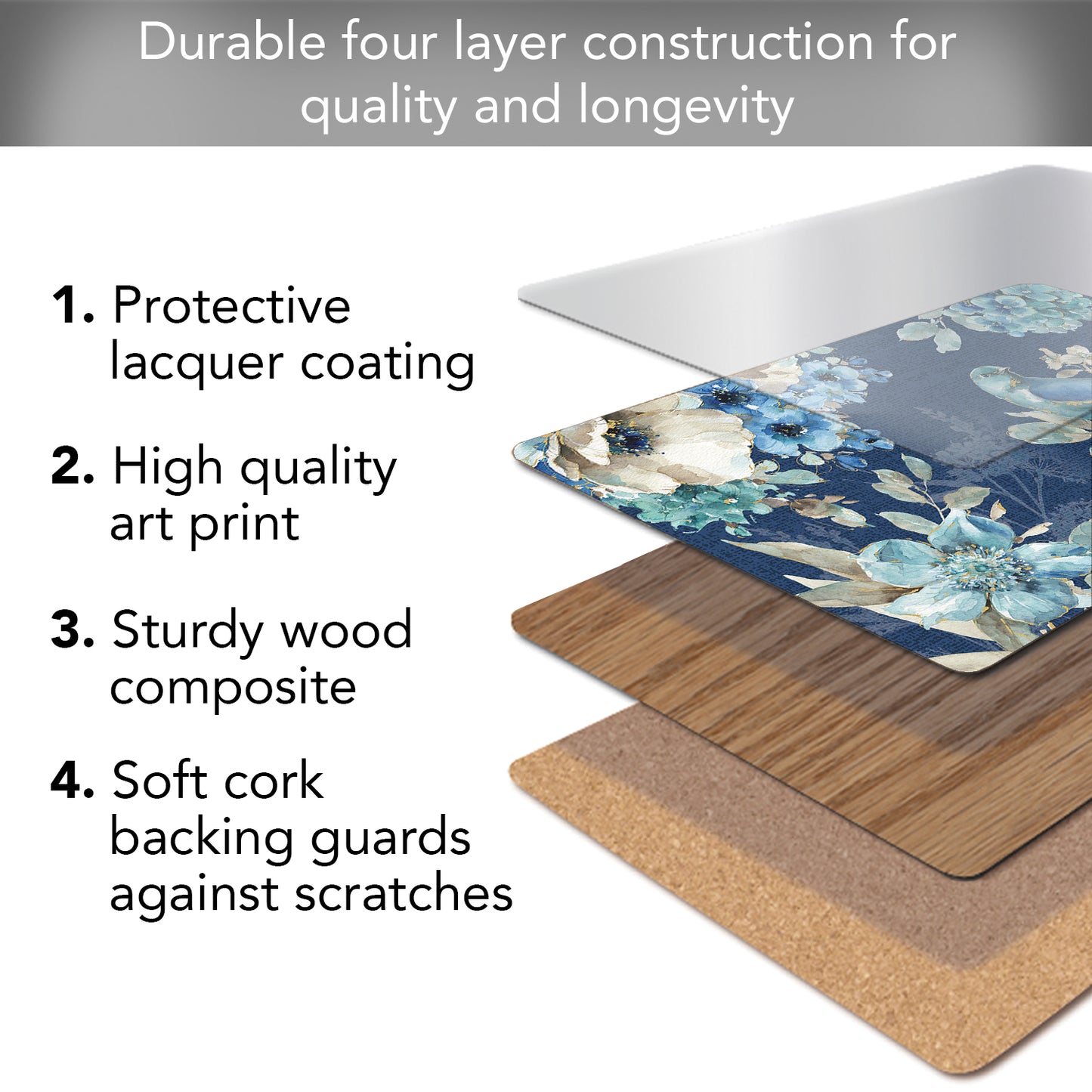 Cala Home Indigold Floral Premium Decorative Hardboard Tabletop Placemats 4-Pack Manufactured in The USA Heat Tolerant and Easily Wipes Clean