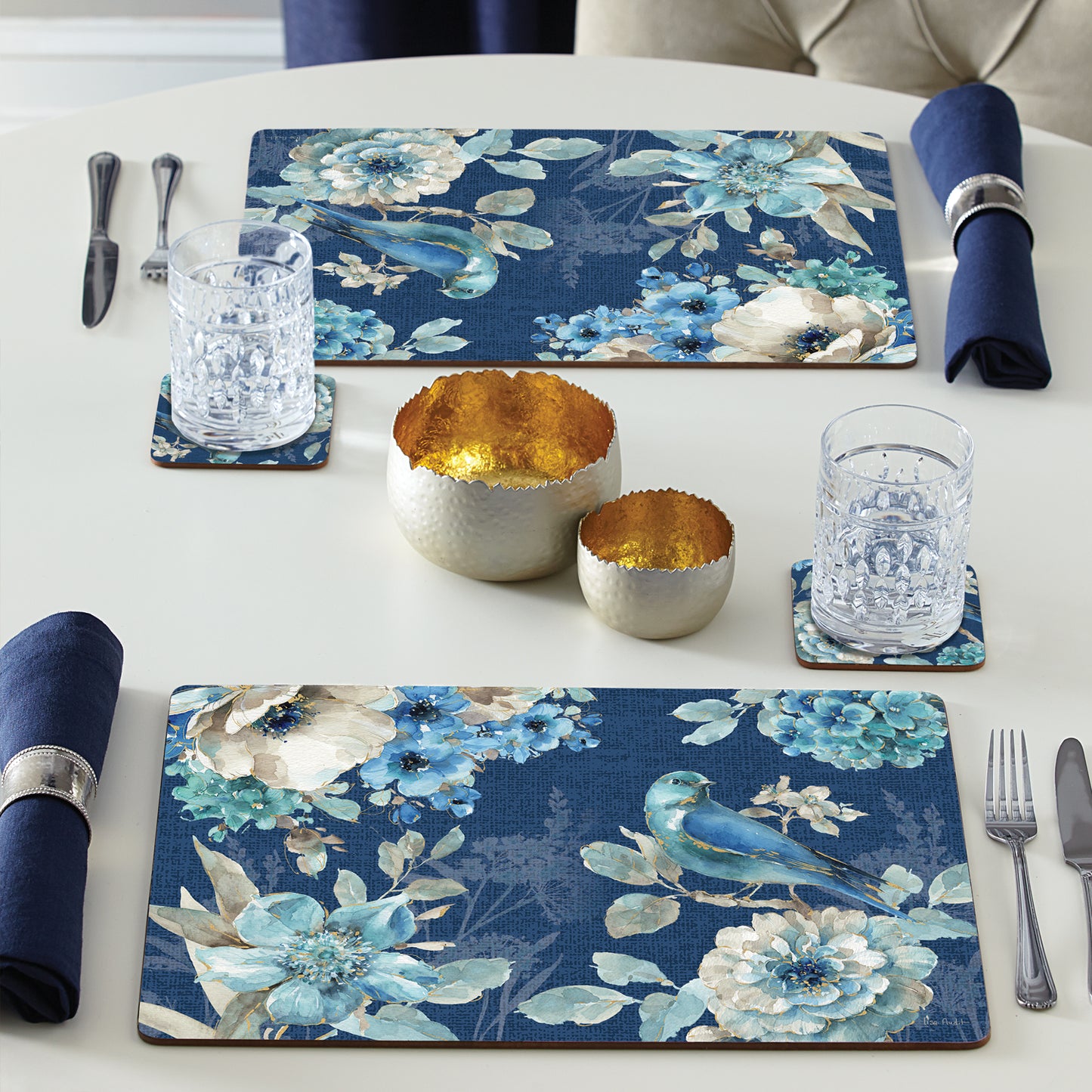 Cala Home Indigold Floral Premium Decorative Hardboard Tabletop Placemats 4-Pack Manufactured in The USA Heat Tolerant and Easily Wipes Clean