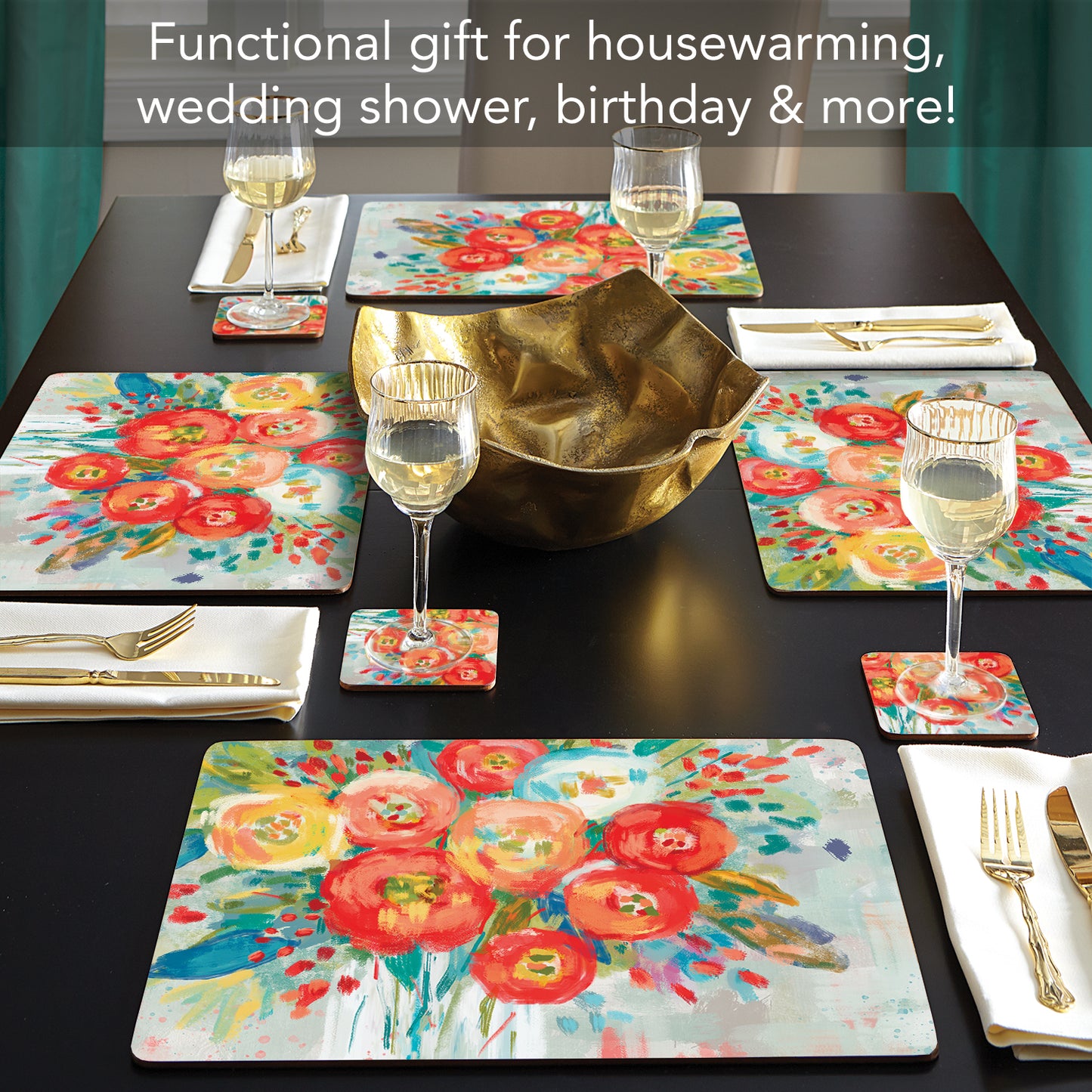 Cala Home Coral Floral Premium Decorative Hardboard Tabletop Placemats 4-Pack Manufactured in The USA Heat Tolerant and Easily Wipes Clean