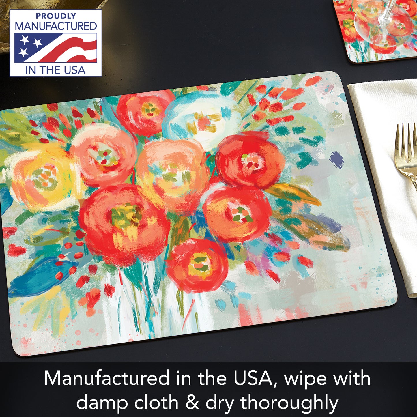 Cala Home Coral Floral Premium Decorative Hardboard Tabletop Placemats 4-Pack Manufactured in The USA Heat Tolerant and Easily Wipes Clean