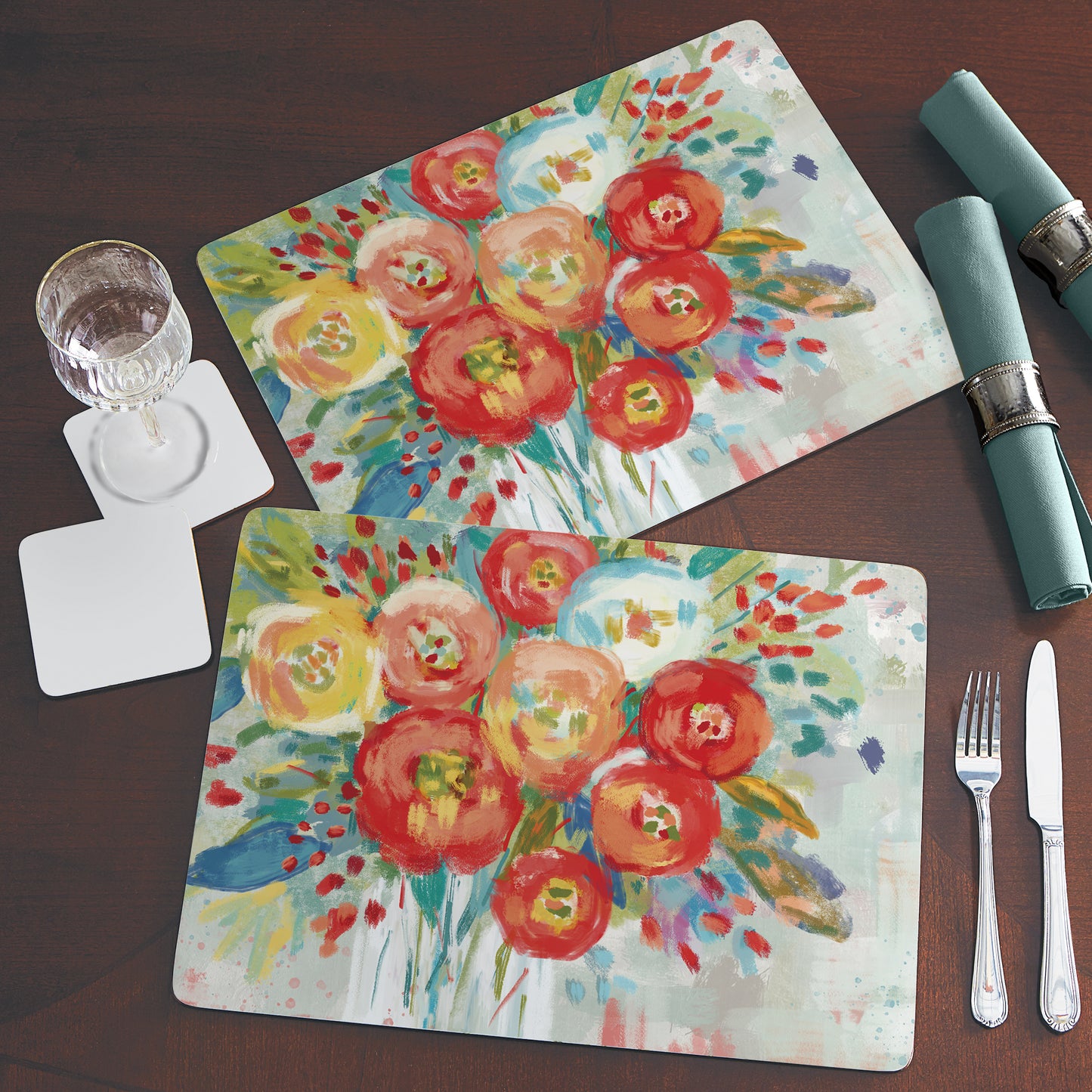Cala Home Coral Floral Premium Decorative Hardboard Tabletop Placemats 4-Pack Manufactured in The USA Heat Tolerant and Easily Wipes Clean
