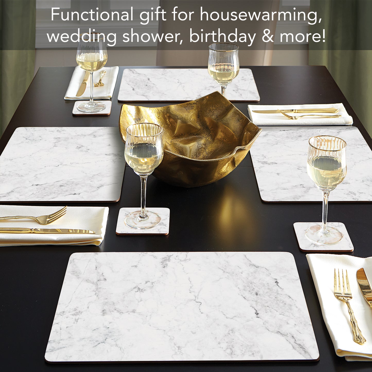 CounterArt White Marble Premium Decorative Hardboard Tabletop Placemats 4-Pack Manufactured in The USA Heat Tolerant and Easily Wipes Clean