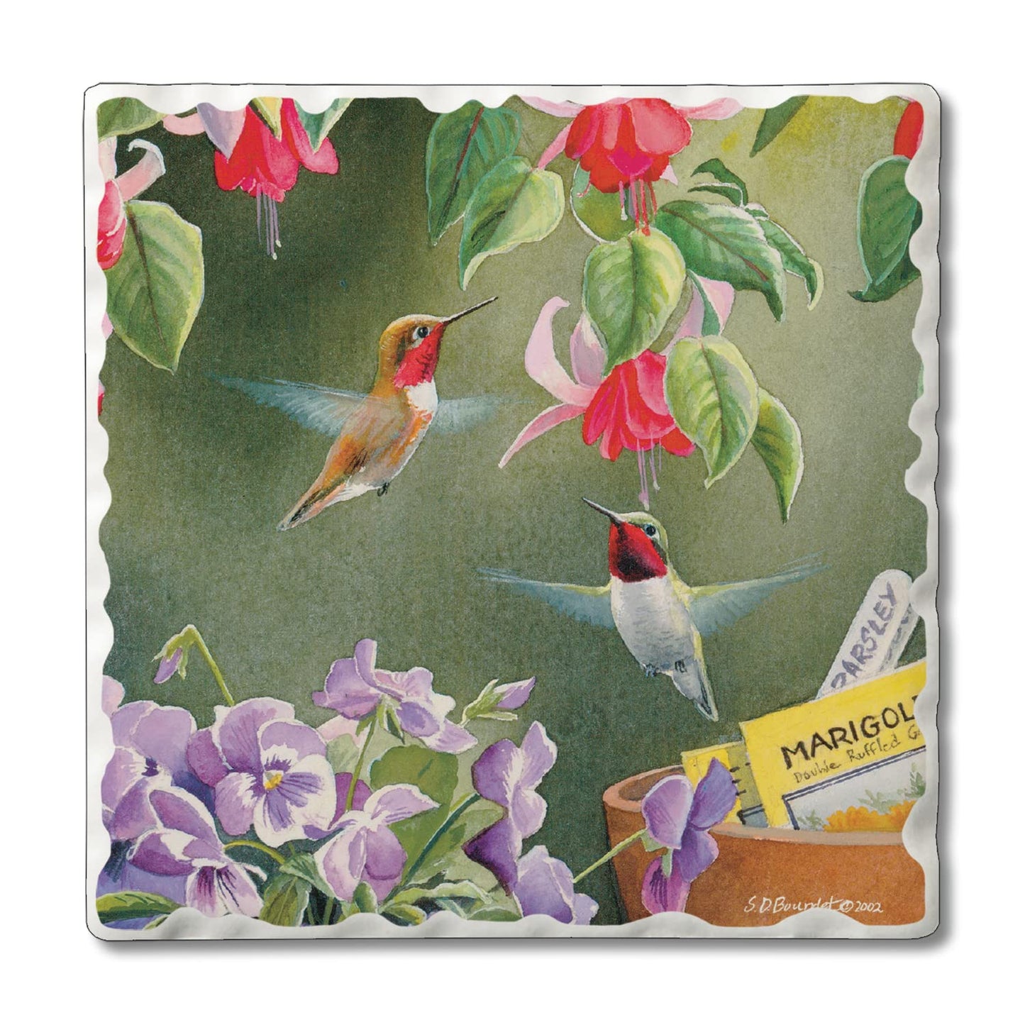 Thirstystone Hummingbird Floral Single Tumbled Tile Stone Coaster with Protective Cork Backing Manufactured in The USA 4" Square, Artistic, Easily Wipes Clean