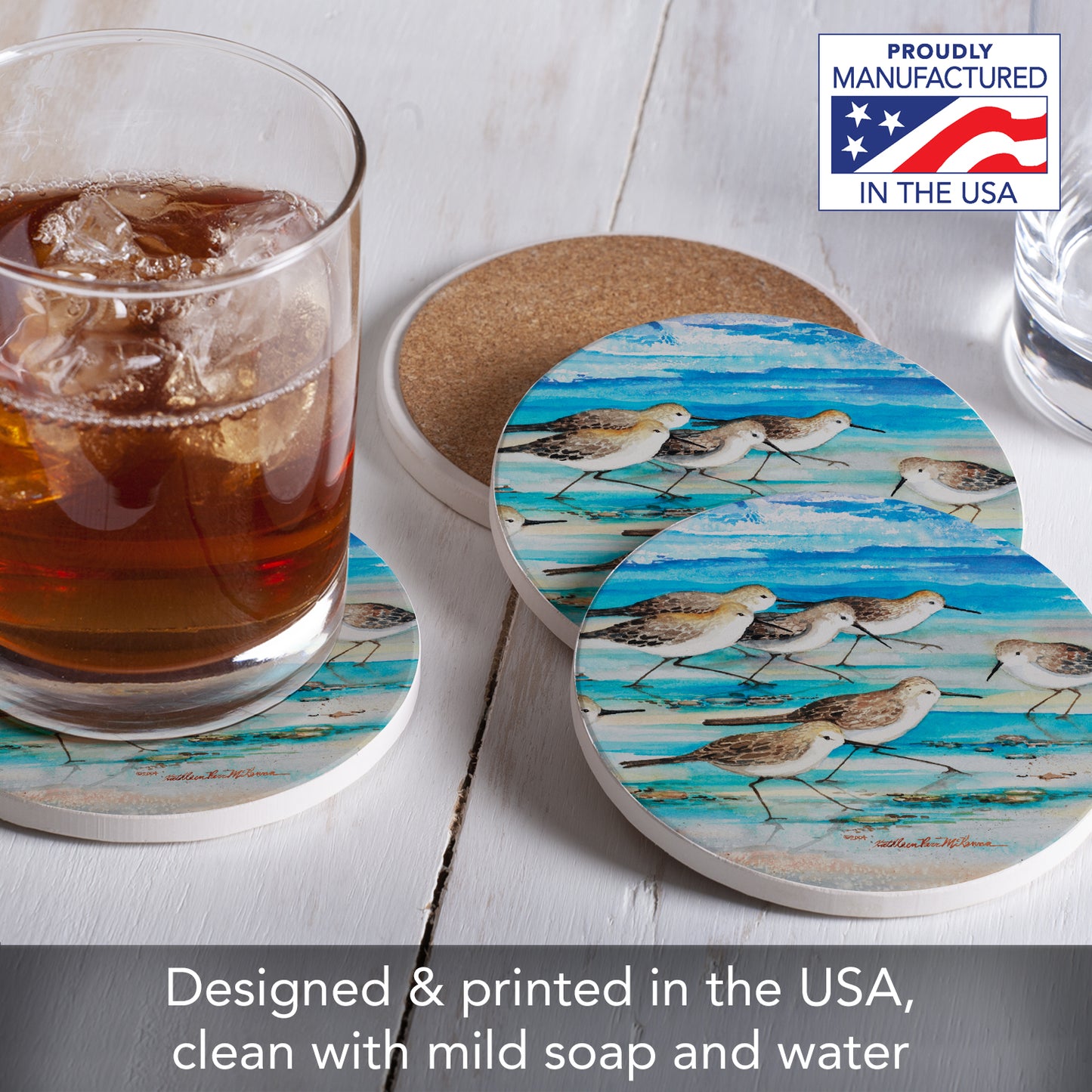 Thirstystone Shore Birds 4-Pack Natural Marble Stone Coaster with Protective Cork Backing Manufactured in The USA