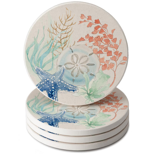 Thirstystone Seaside 4 Pack Round Absorbent Stone Coasters 4" Diameter Manufactured in the USA