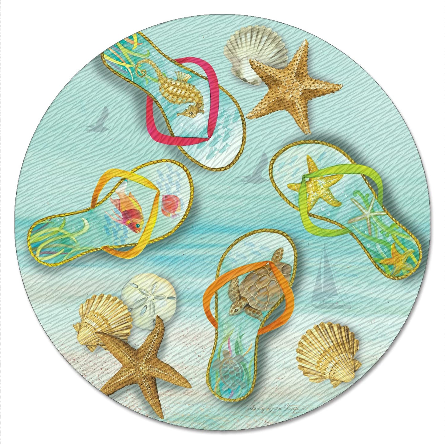 CounterArt Blue Sea Flip Flops 4mm Tempered Glass Lazy Susan Turntable 13" Diameter