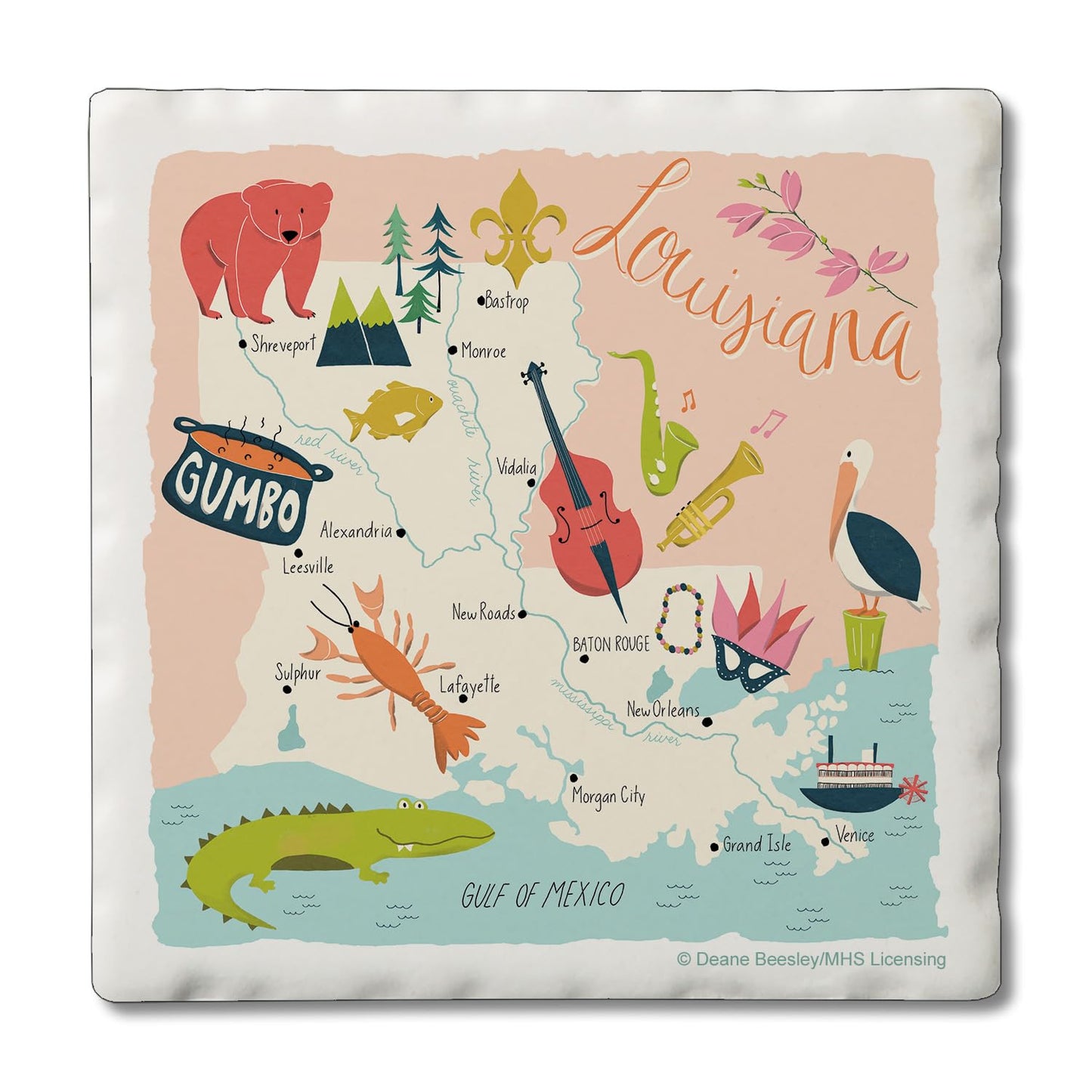 Thirstystone Louisiana Home State 4 Pack Tumbled Tile Stone Coasters 4" Square Manufactured in the USA