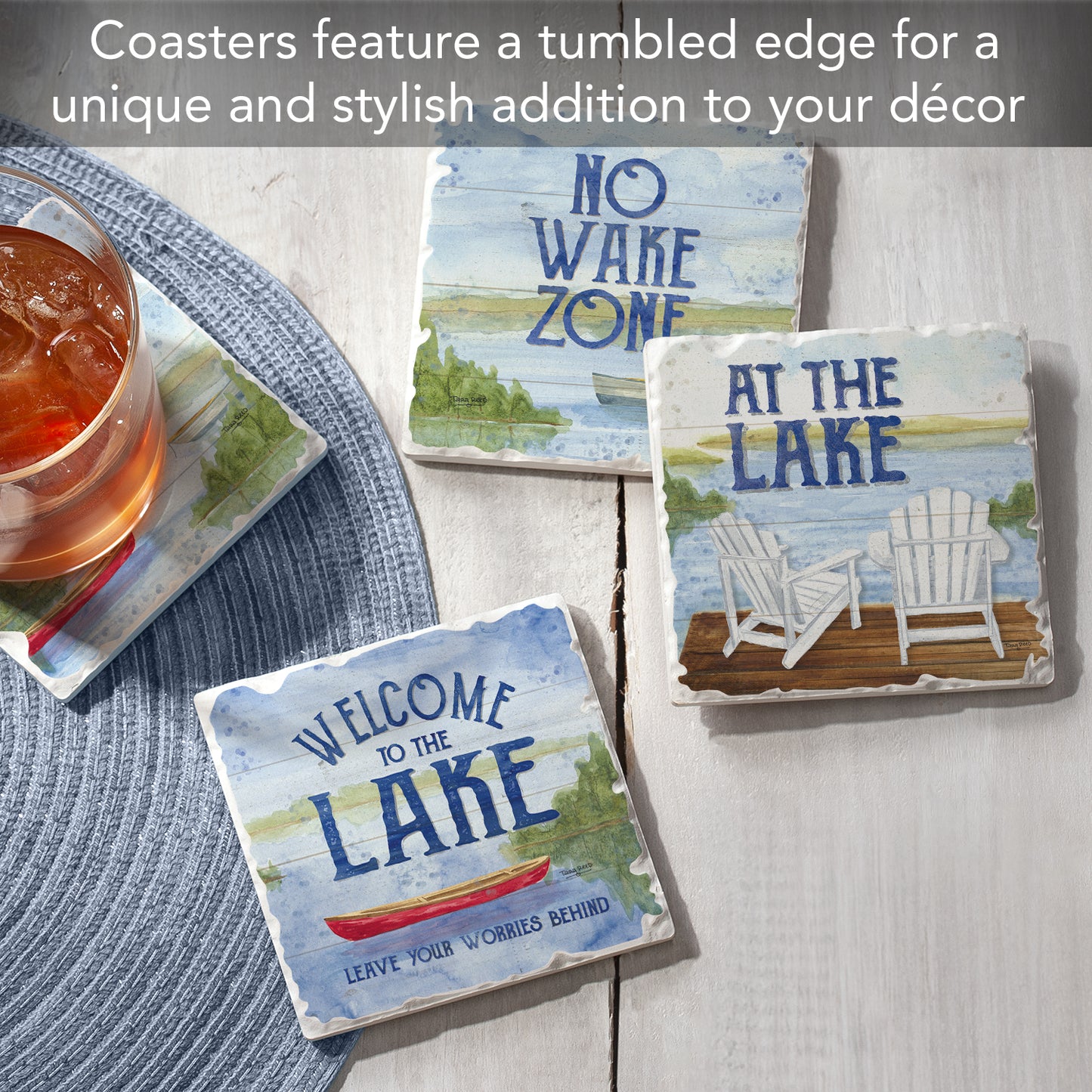 Thirstystone Lake House Greetings 4-Pack Assorted Tumbled Tile Stone Coasters Manufactured in The USA 4" Square