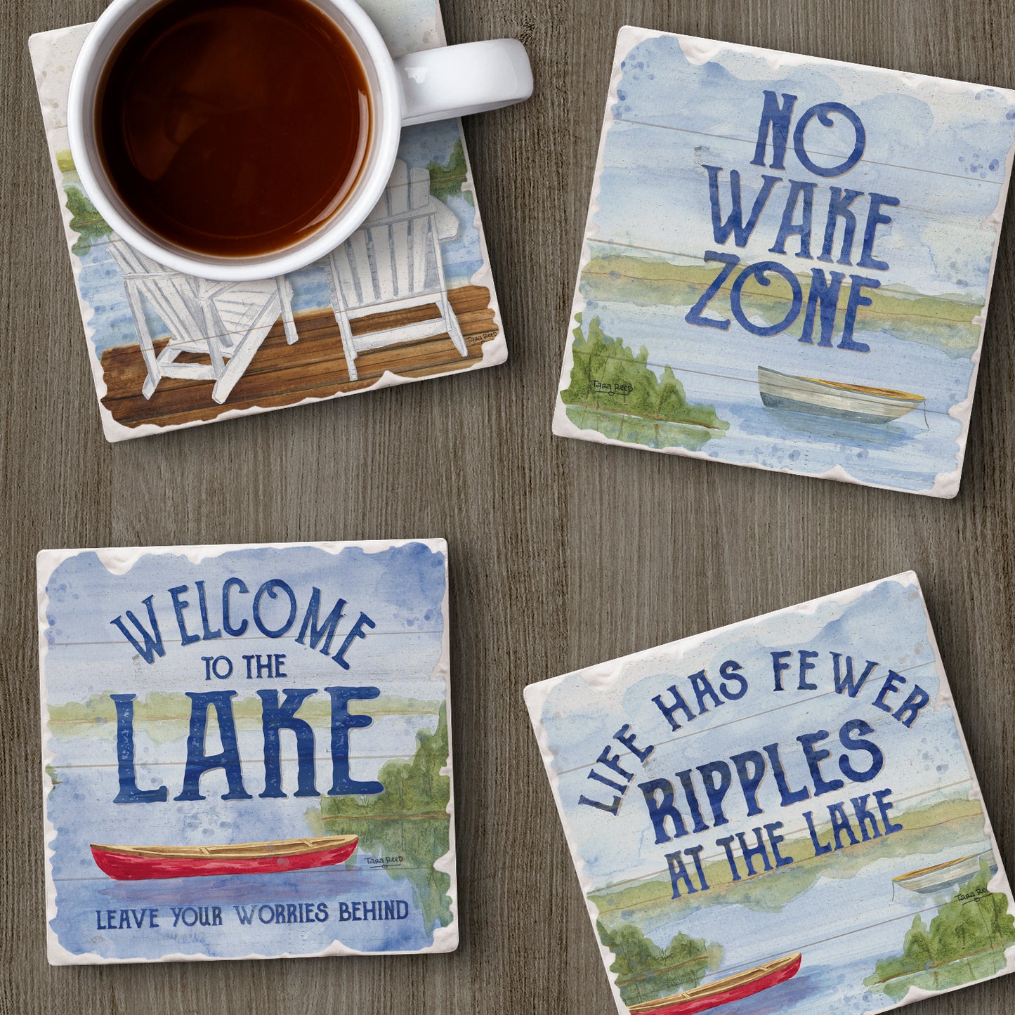 Thirstystone Lake House Greetings 4-Pack Assorted Tumbled Tile Stone Coasters Manufactured in The USA 4" Square