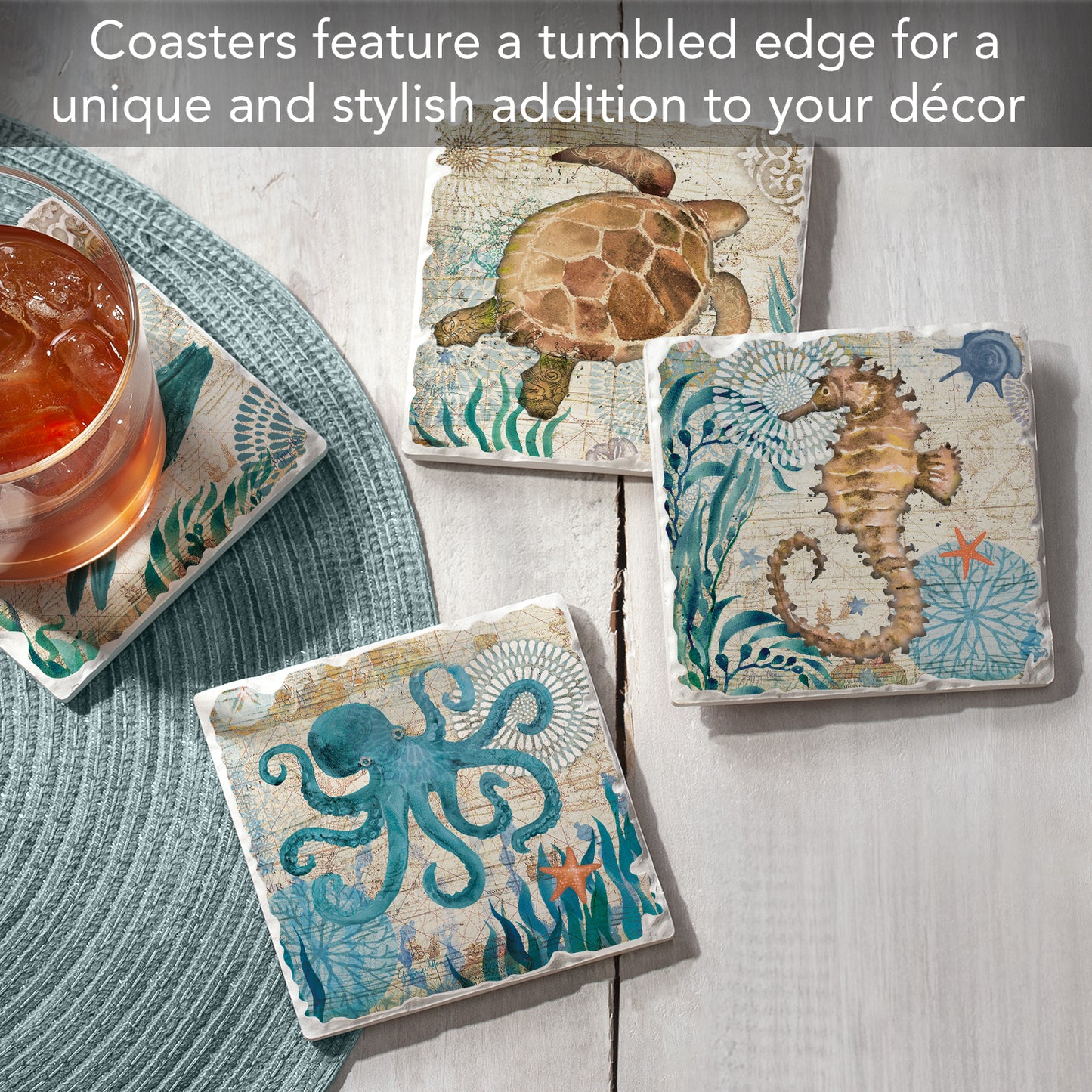Thirstystone Monterey Bay 4 Pack Assorted Tumbled Tile Stone Coasters 4" Square