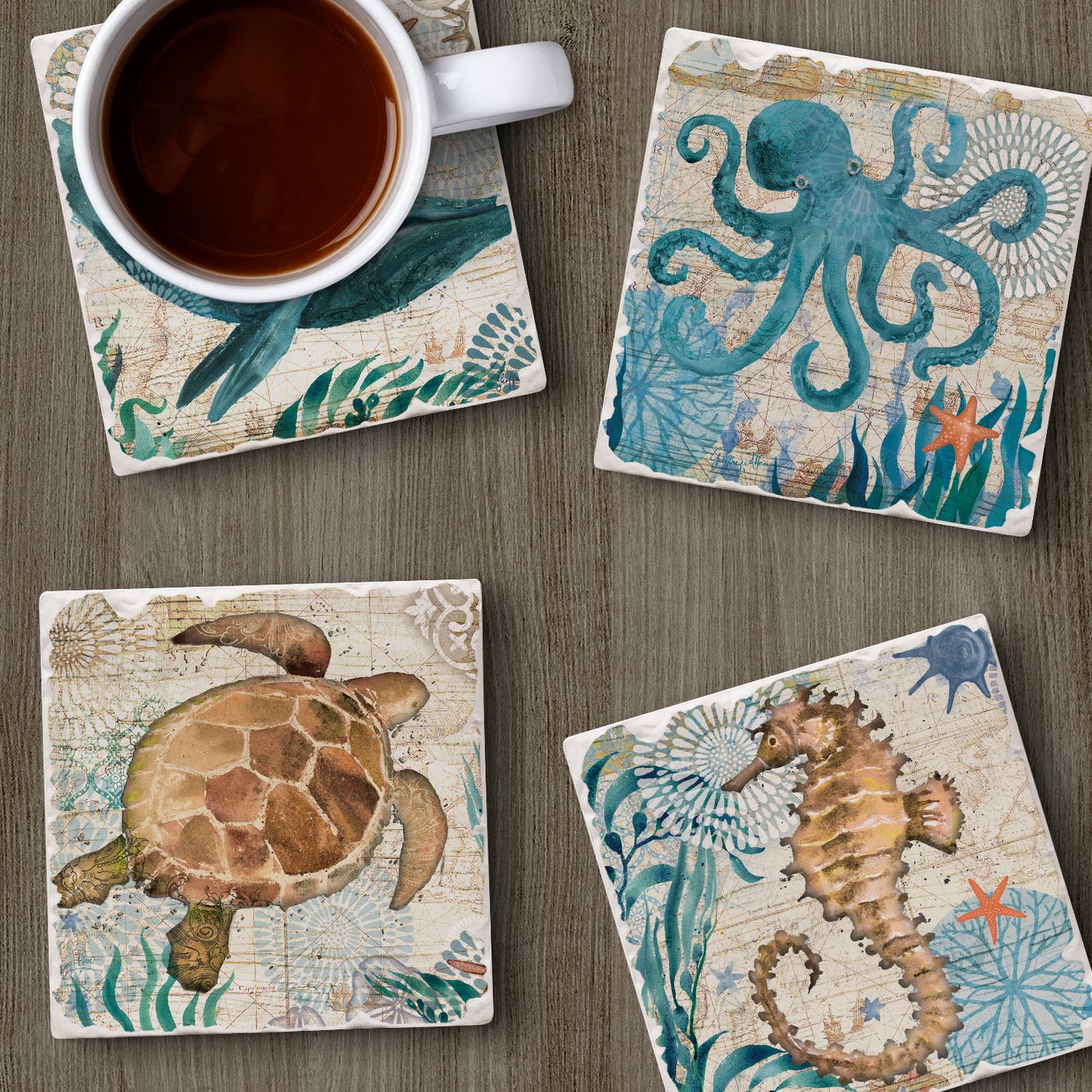 Thirstystone Monterey Bay 4 Pack Assorted Tumbled Tile Stone Coasters 4" Square