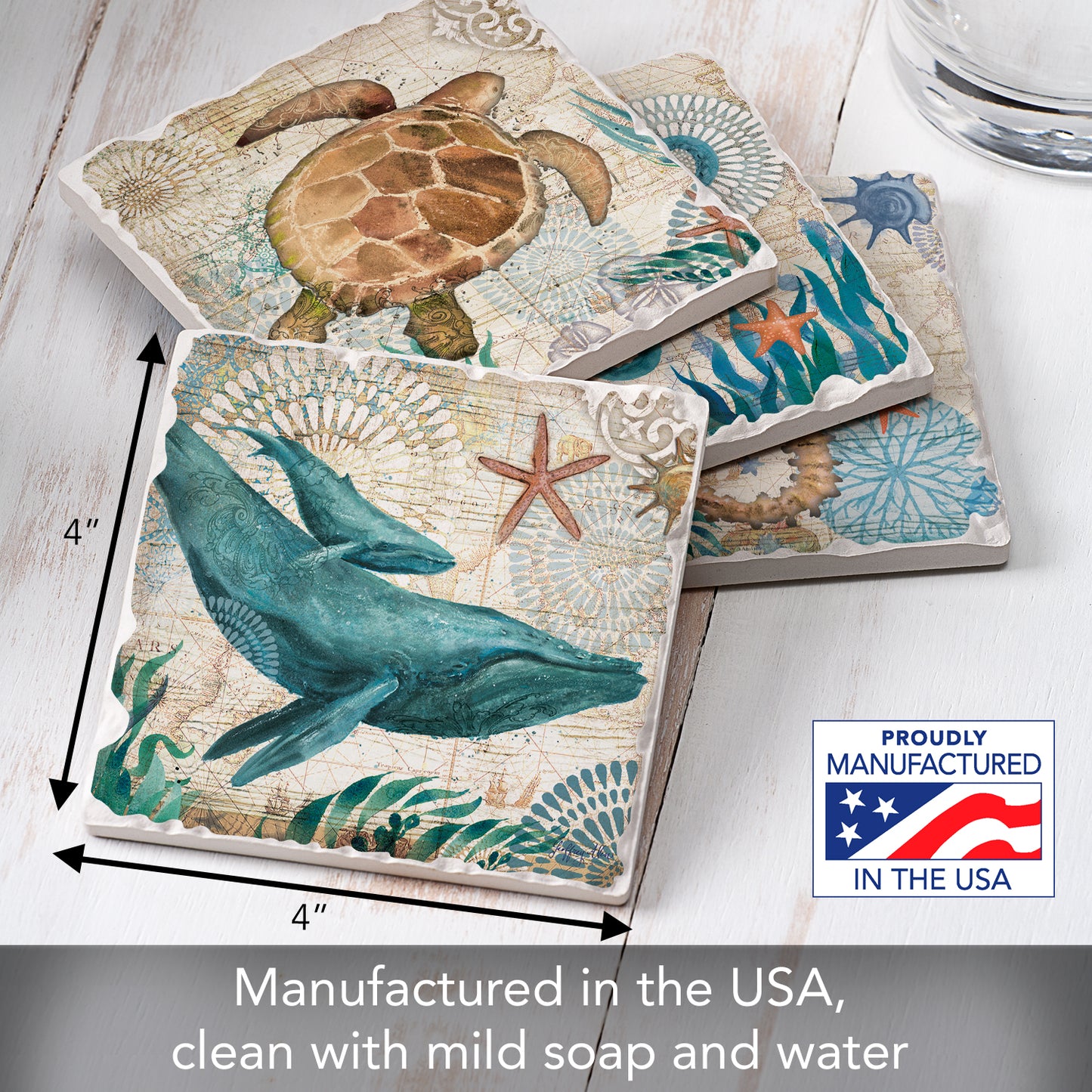 Thirstystone Monterey Bay 4 Pack Assorted Tumbled Tile Stone Coasters 4" Square