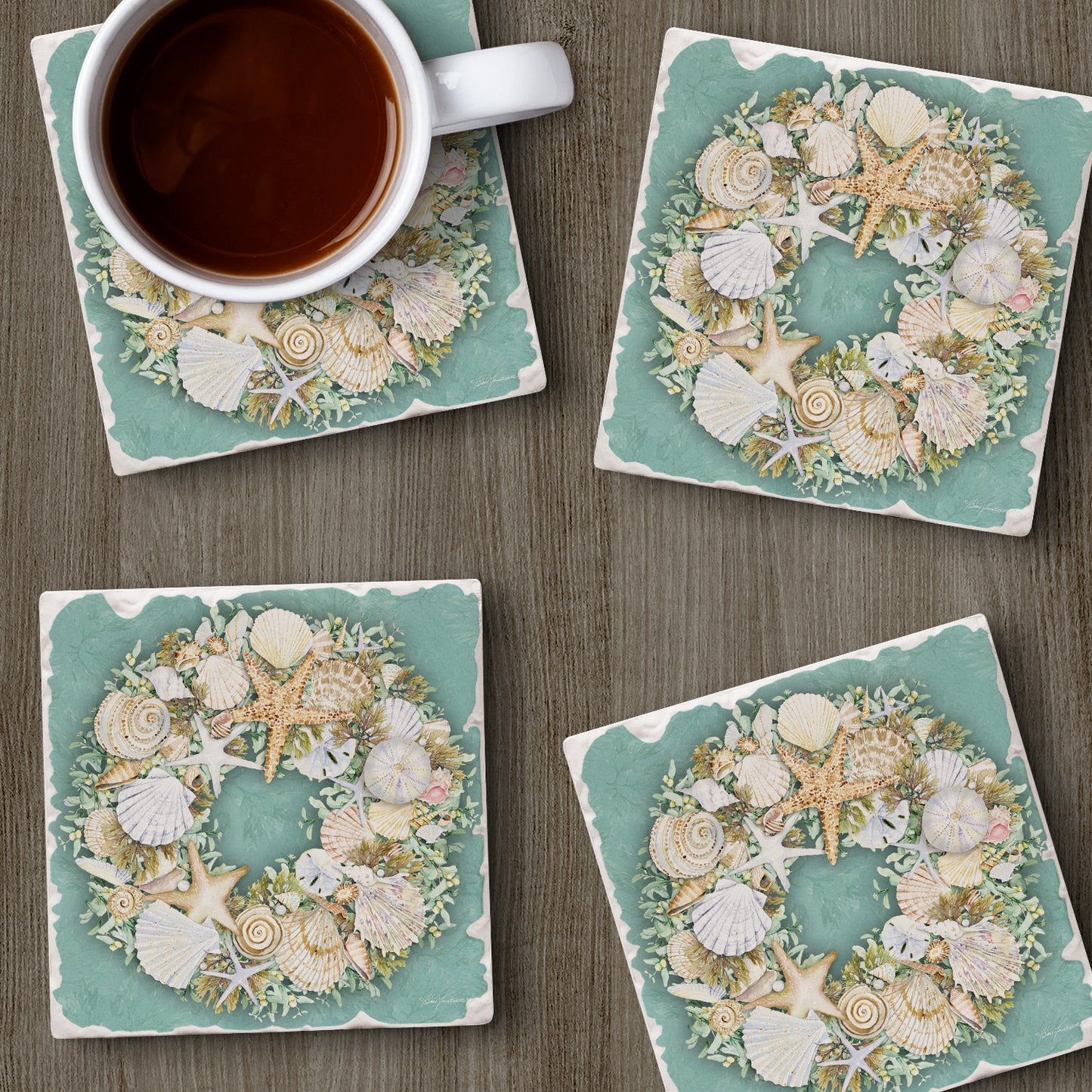 CounterArt Coastal Wreath 4 Pack Tumbled Tile Stone Coasters 4" Square Manufactured in the USA