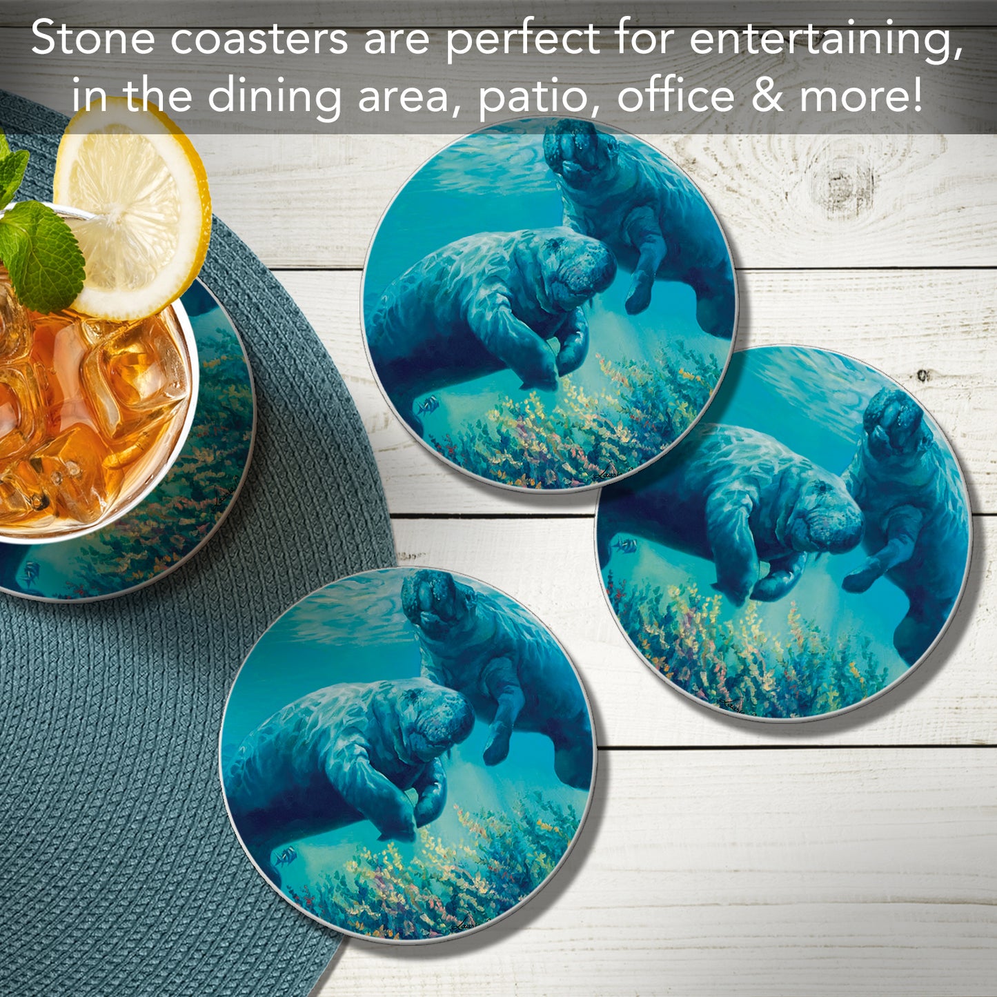 Thirstystone Underwater Manatees 4 Pack Round Absorbent Stone Coasters 4" Diameter