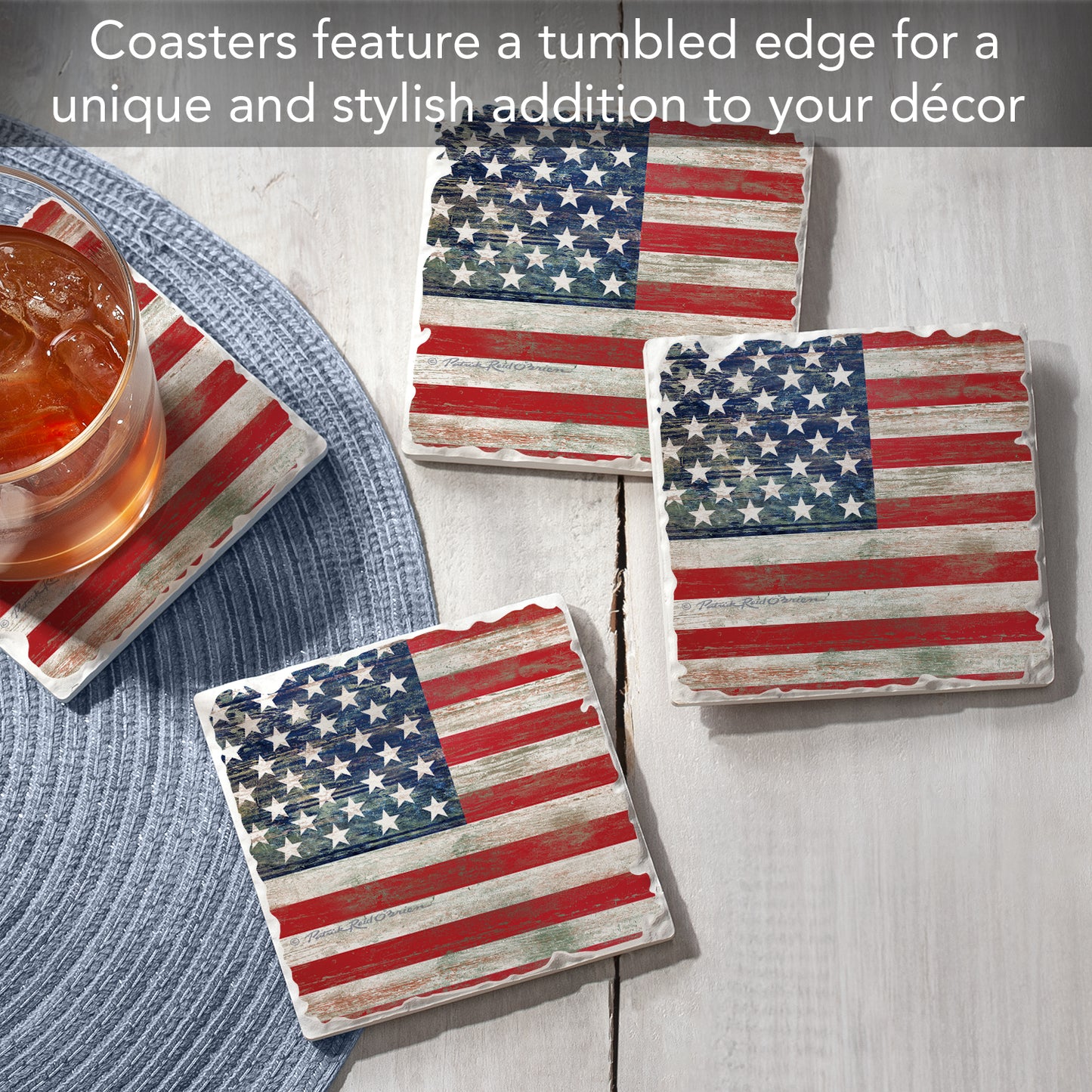 CounterArt Americana 4 Pack Tumbled Tile Stone Coasters 4" Square Manufactured in the USA