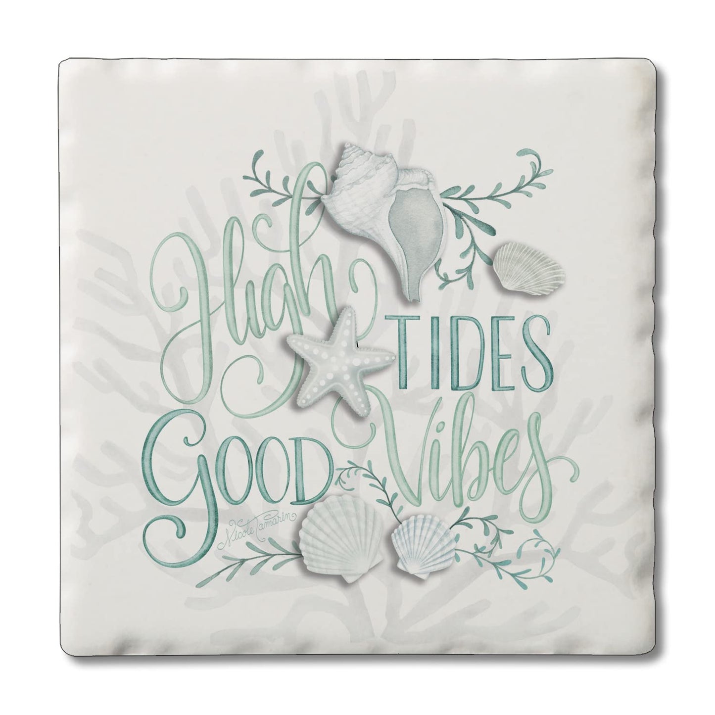 Thirstystone High Tides Single Tumbled Tile Stone Coaster with Protective Cork Backing Manufactured in The USA 4" Square, Colorful, Artistic, Easily Wipes Clean