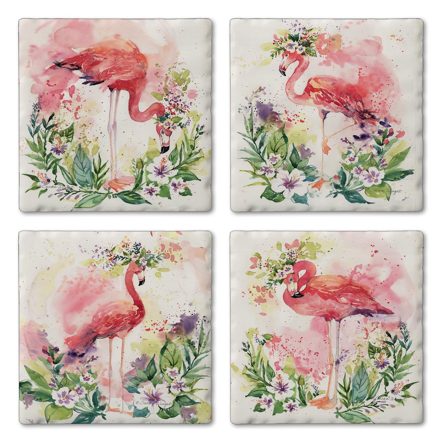 Thirstystone Floral Flamingos 4 Pack Assorted Tumbled Tile Stone Coasters 4" Square