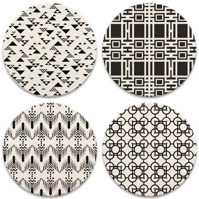 Black & White Assorted Patterns by Frank Lloyd Wright 4 Pack Round Absorbent Stone Coasters with Protective Cork Backing Manufactured in The USA