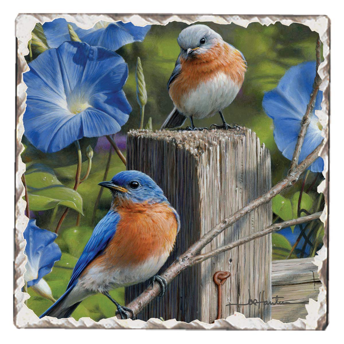 Thirstystone Pair of Bluebirds Single Tumbled Tile Stone Coaster with Protective Cork Backing Manufactured in The USA 4" Square, Artistic, Easily Wipes Clean