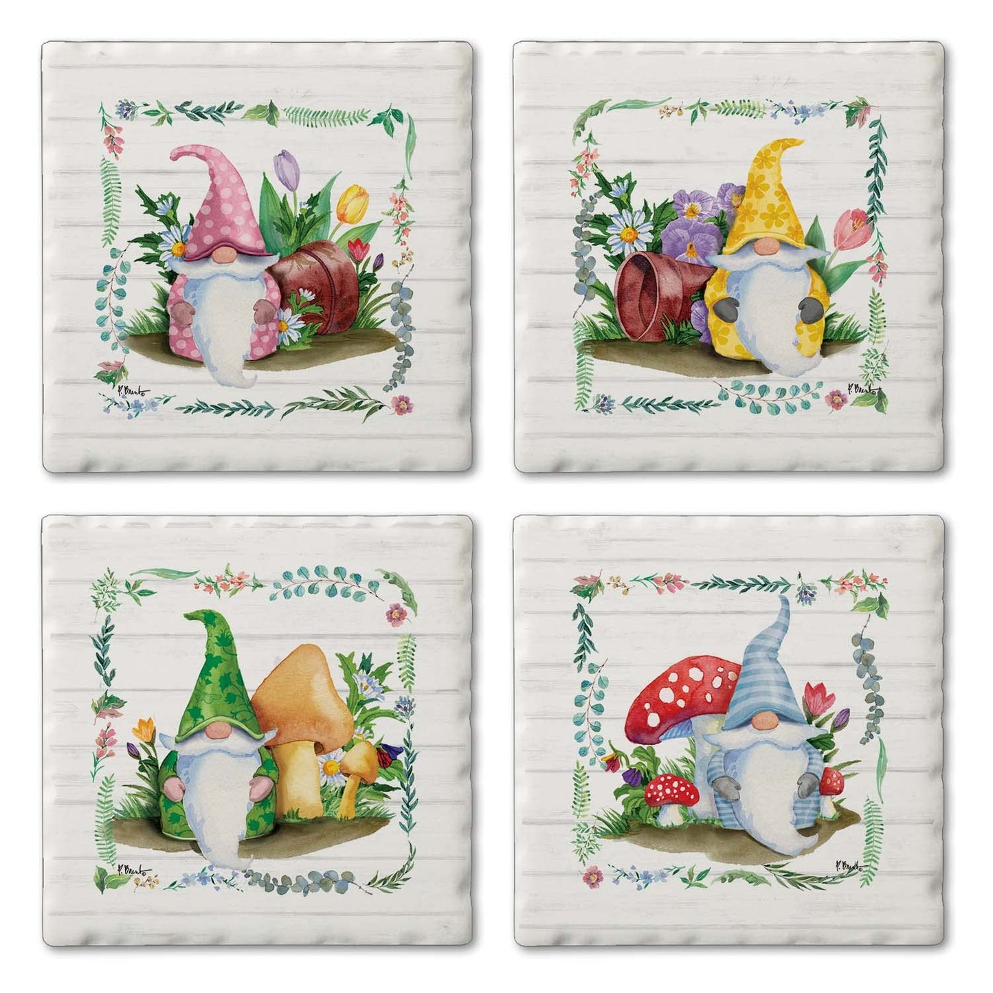 Thirstystone Spring Gnome 4 Pack Assorted Tumbled Tile Stone Coasters 4" Square